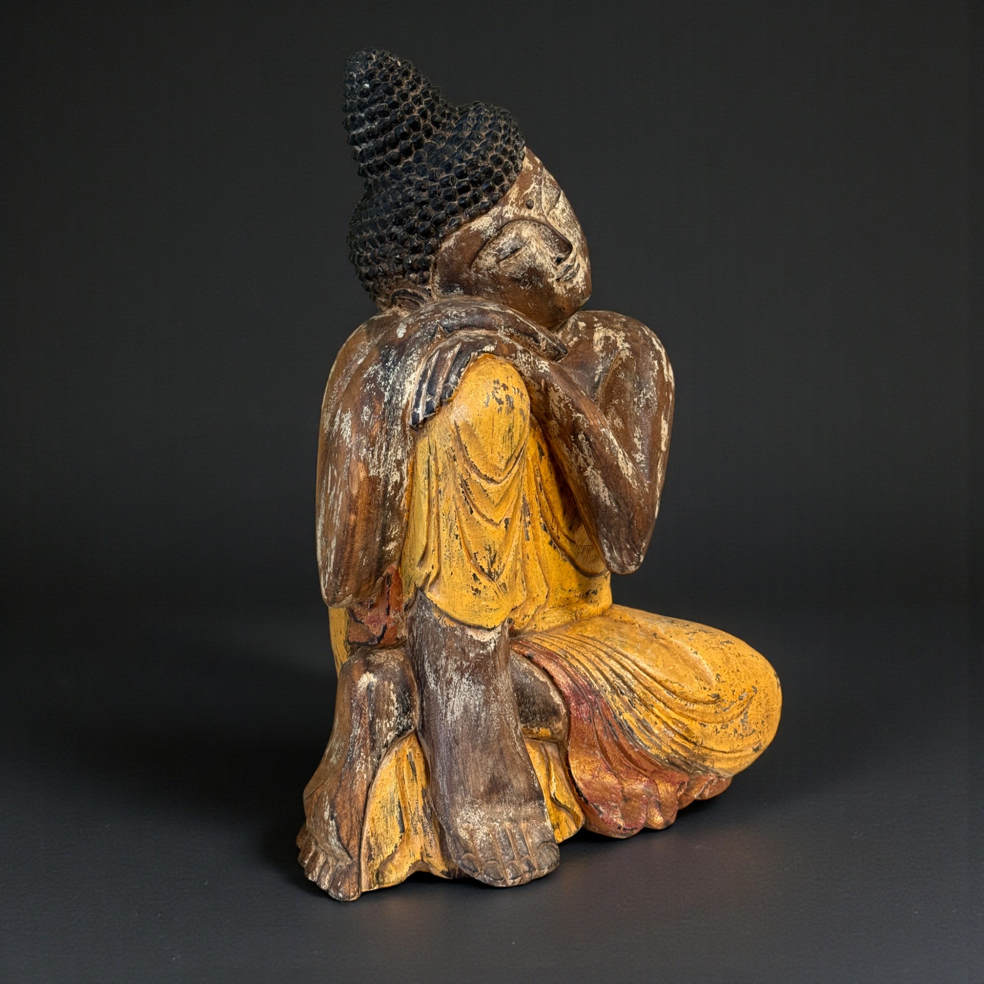 Schlafender Holz Buddha in Relax Pose aus Indonesien 62 cm groß