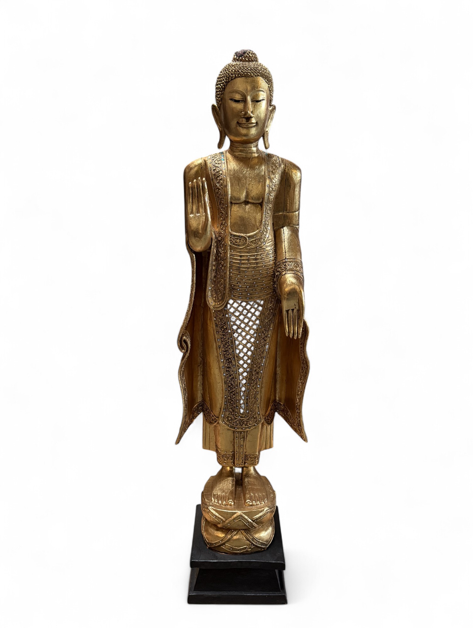 Holz Buddha Statue Thailand Skulptur mit Blattgold, 140 cm
