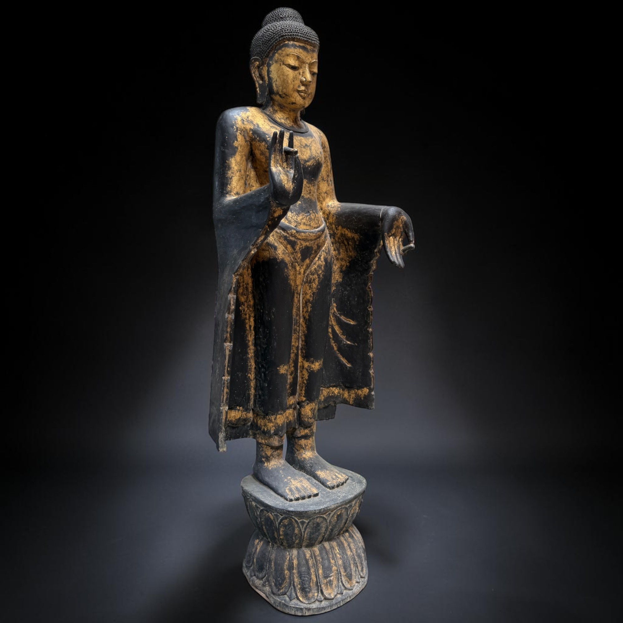 Buddha Figur stehend Teakholz Skulptur Burma Rakhine Asiatika 185cm