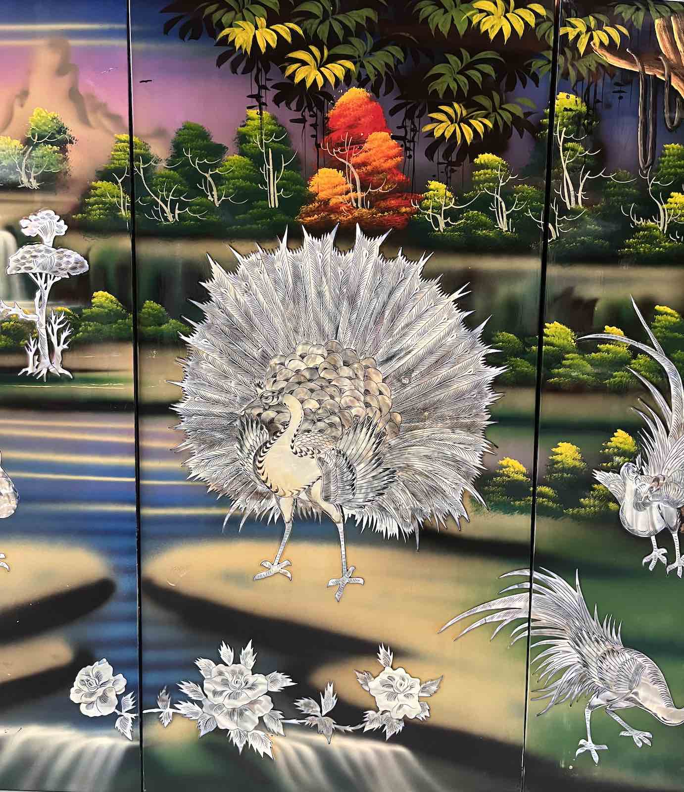 Asiatisches Wandbild Holz Lackbild Perlmutt Wanddeko - Pfau