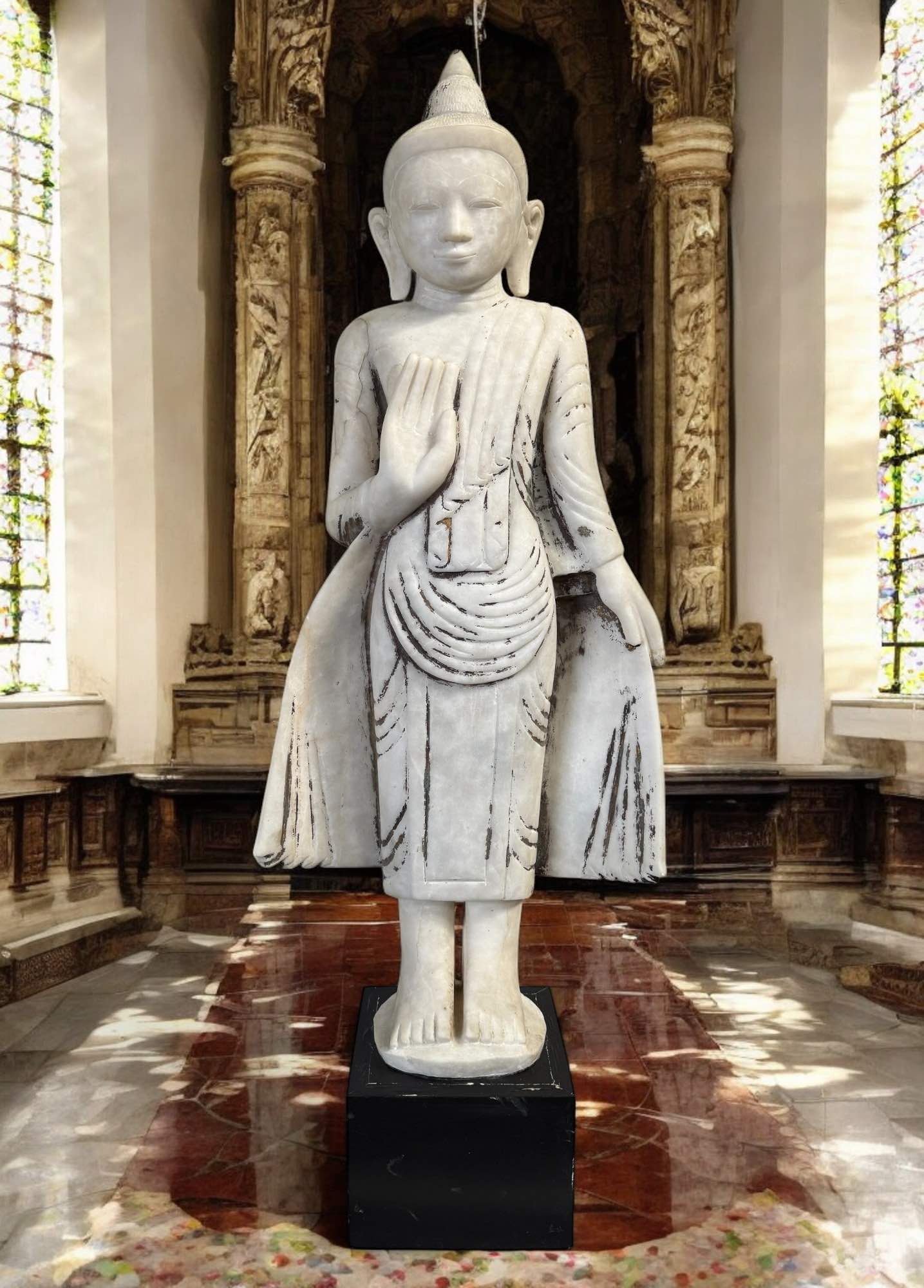 Alte Burma Buddha Statue aus Marmor Stein 108 cm groß