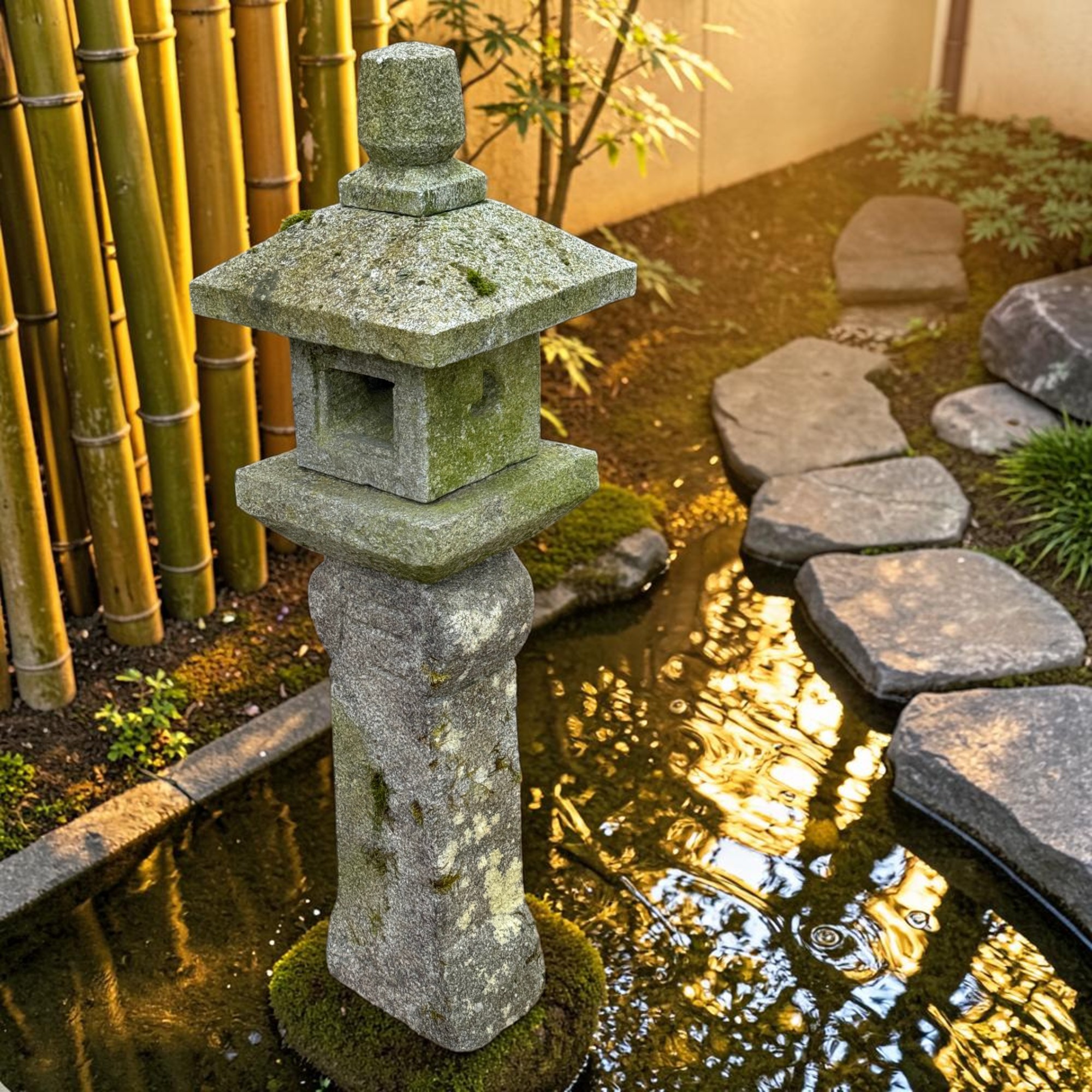 Alte Japanische Steinlaterne Granit 113cm - 5-teilig - Bemoost & Frostfest