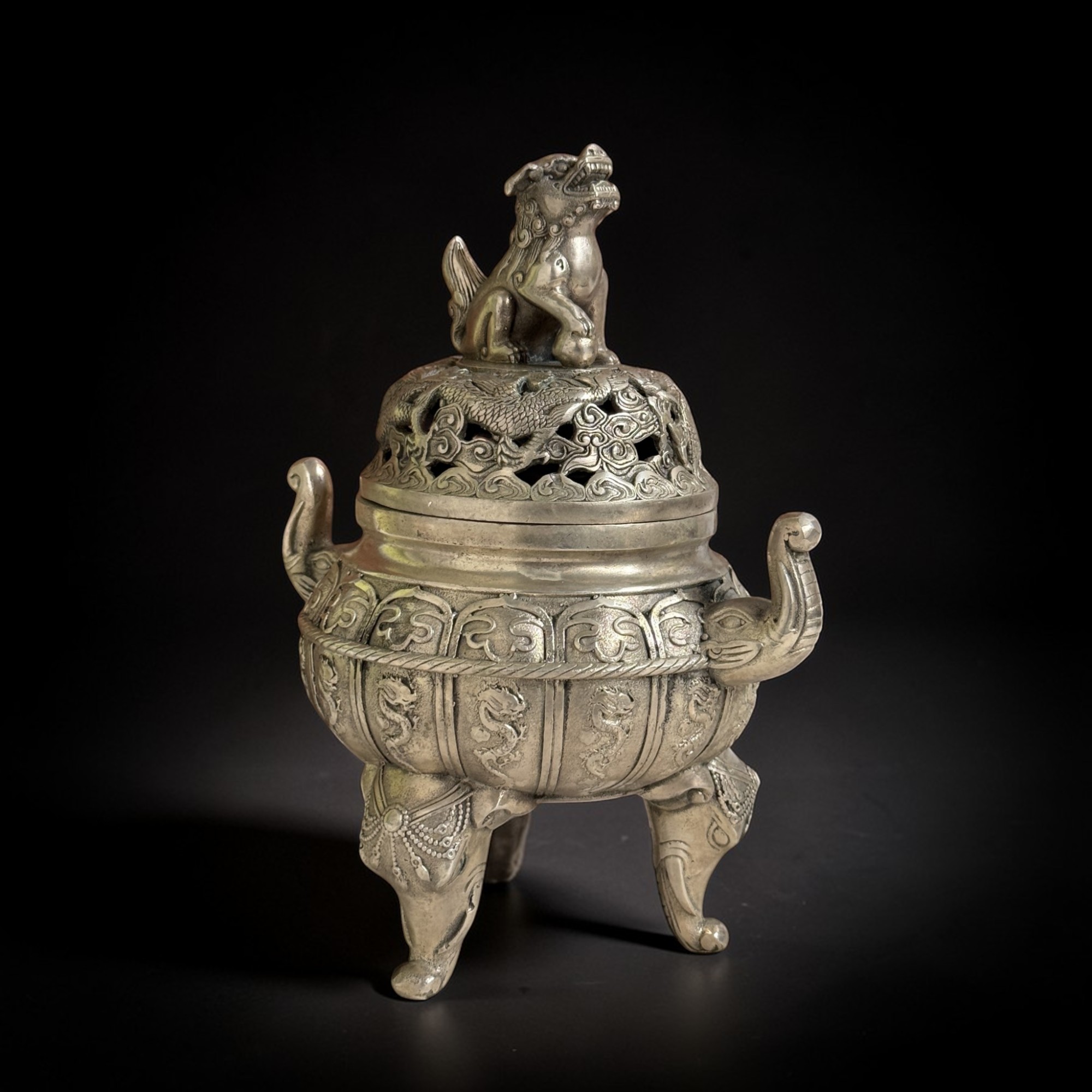 Bronze Räuchergefäß China – Mit Elefanten, Drachen & Tempellöwe (22cm)