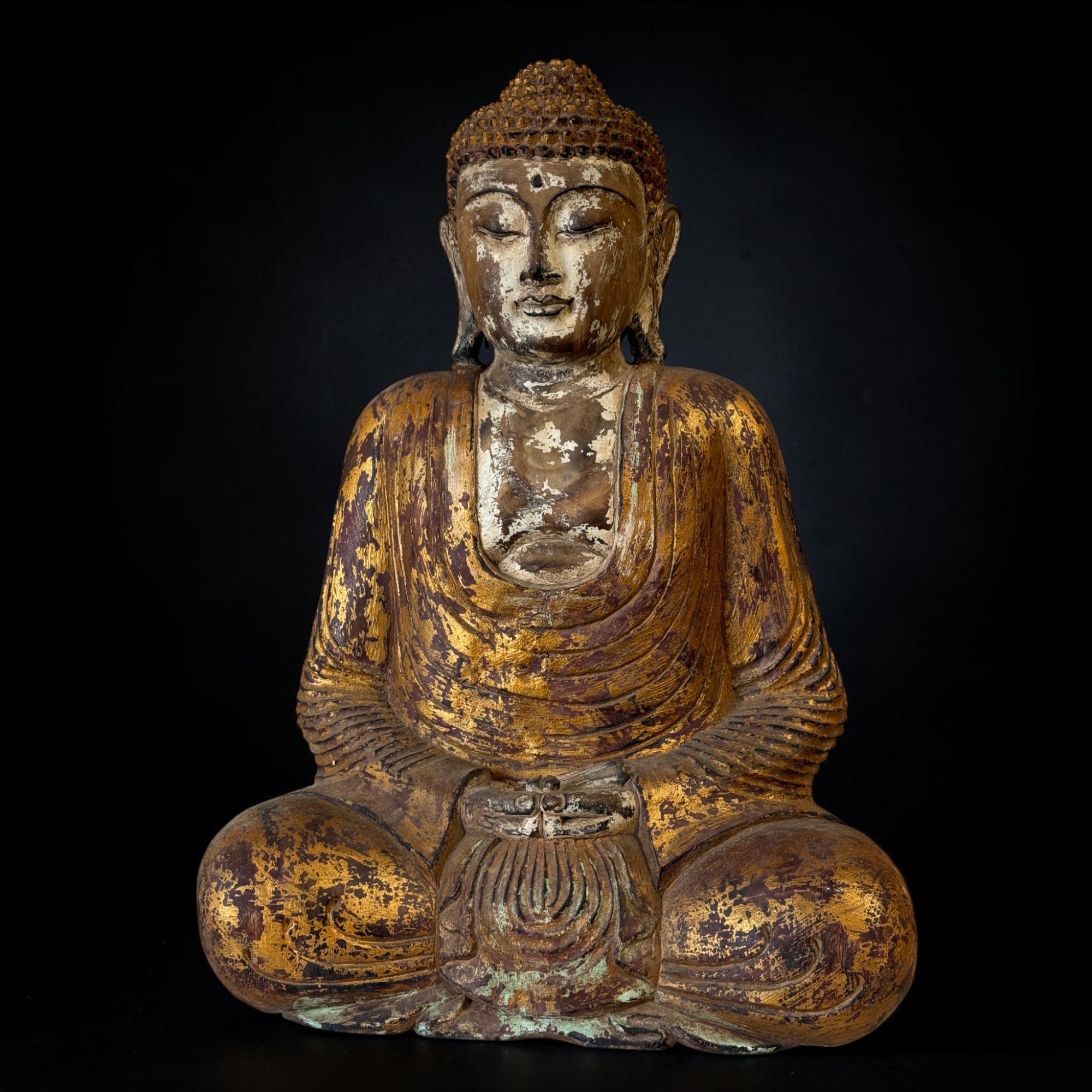 Massiver Suarholz Buddha Meditierend – Handarbeit & Vintage-Look (63 cm)