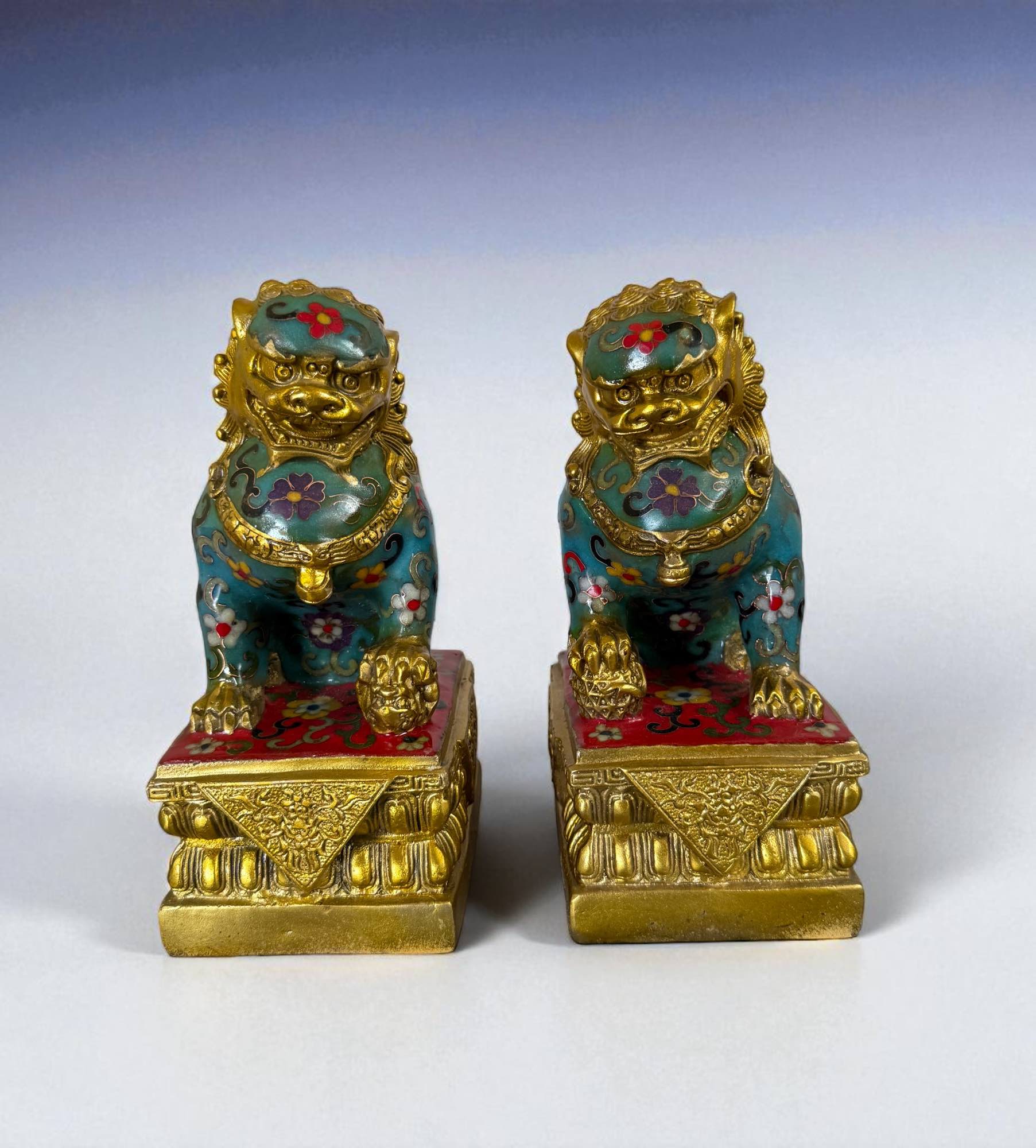 Chinesische Wächterlöwen Bronze Skulpturen Cloisonne Figuren