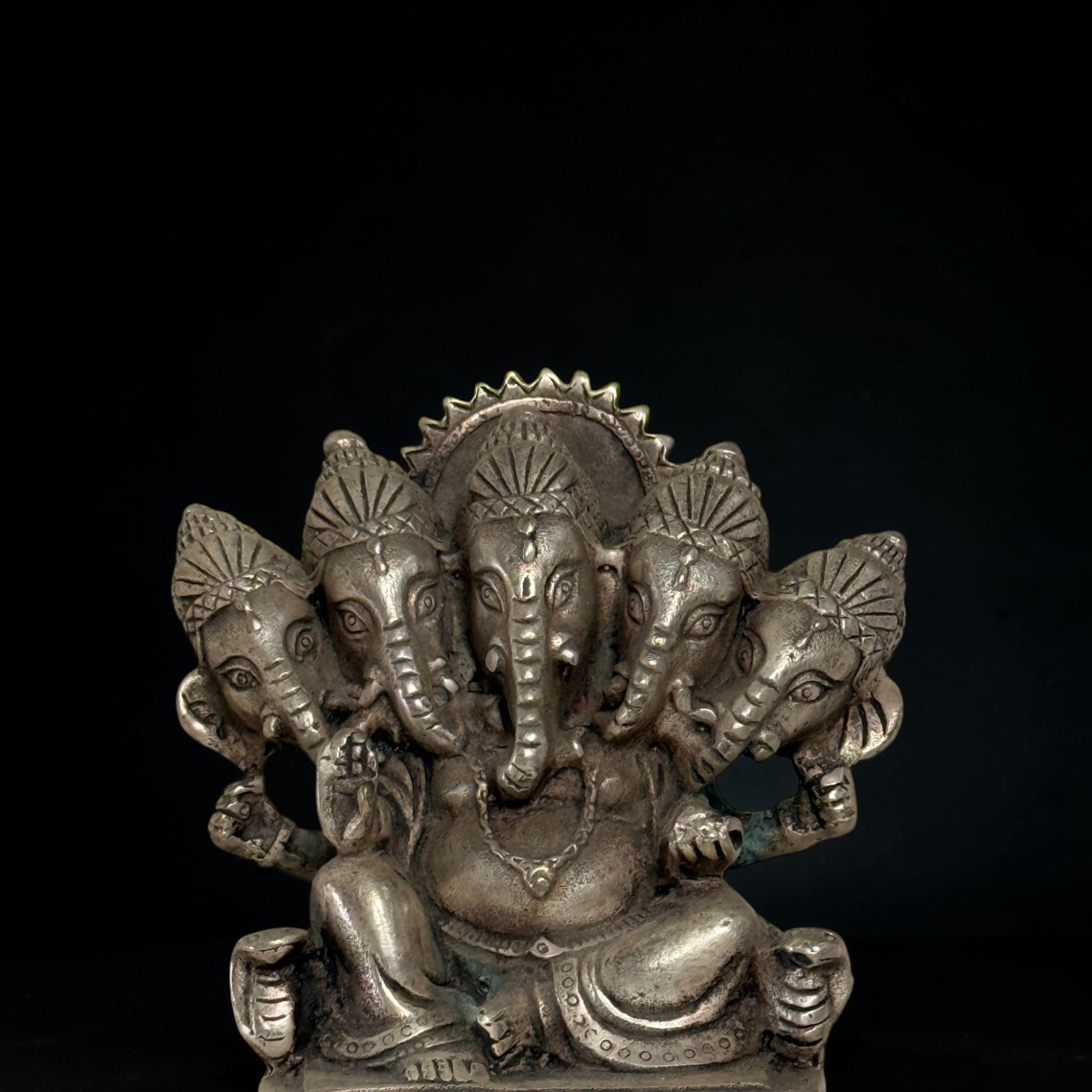 Pancha-Mukhi Ganesha Figur 5 Köpfe Skulptur Grünspan Hinduismus Asiatika