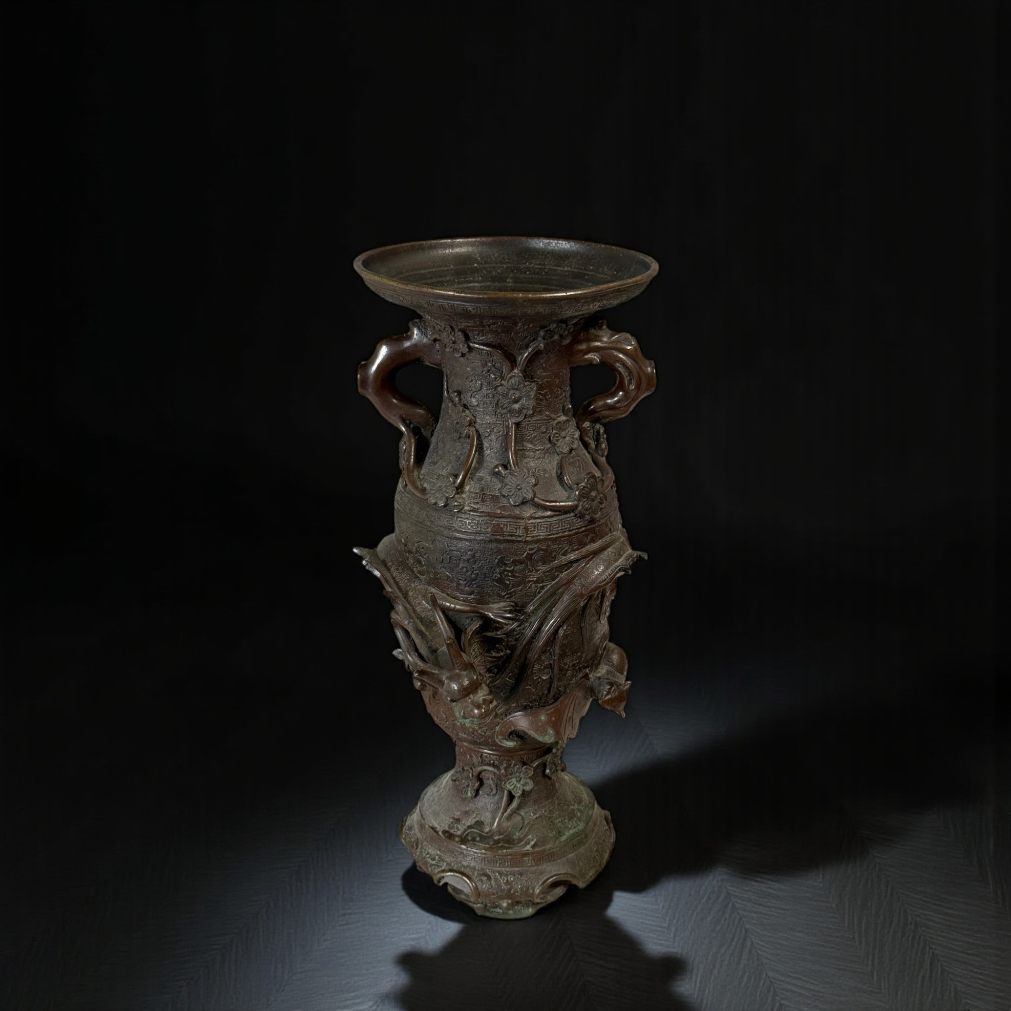 Alte China Bronze Vase Drache Fledermaus: Chinesische Prunkvase Alt 42cm