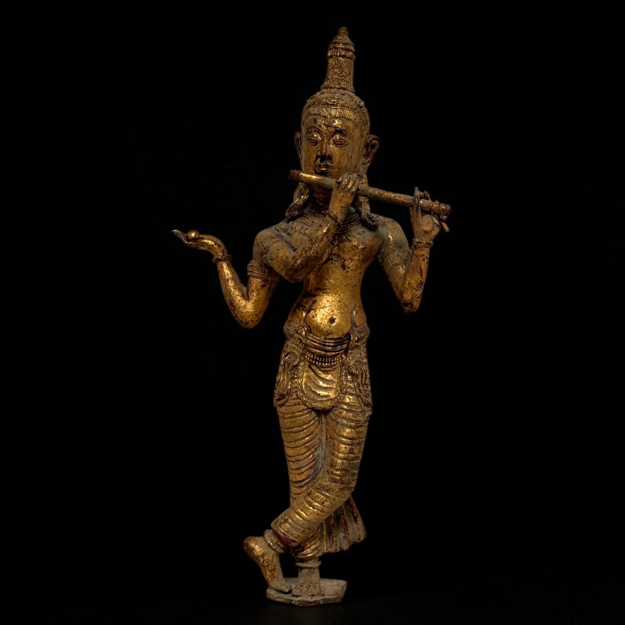 Krishna Figur Bronze Thailand, Flötenspieler Statue 31 cm, Restvergoldung