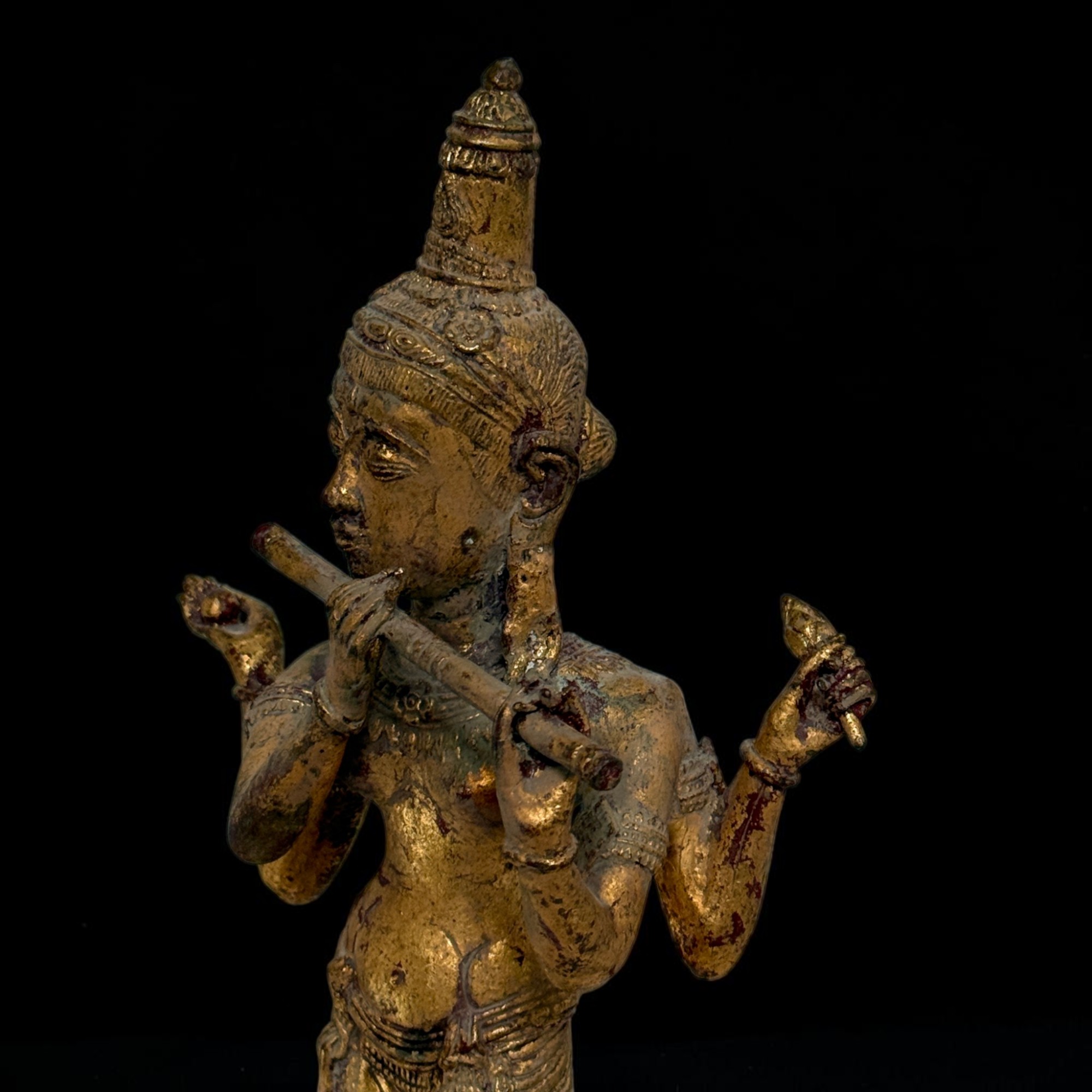 Krishna Figur Bronze Thailand, Flötenspieler Statue 31 cm, Restvergoldung