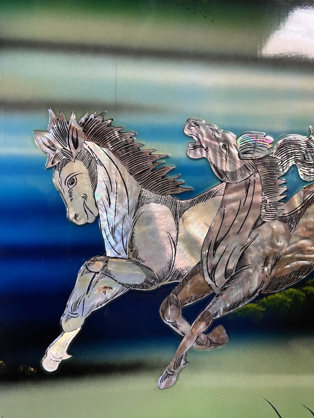 Asiatisches Wandbild Holz Lackbild Perlmutt Wanddeko - Pferde Asiatisches Wandbild Holz Lackbild Perlmutt Wanddeko - Pferde