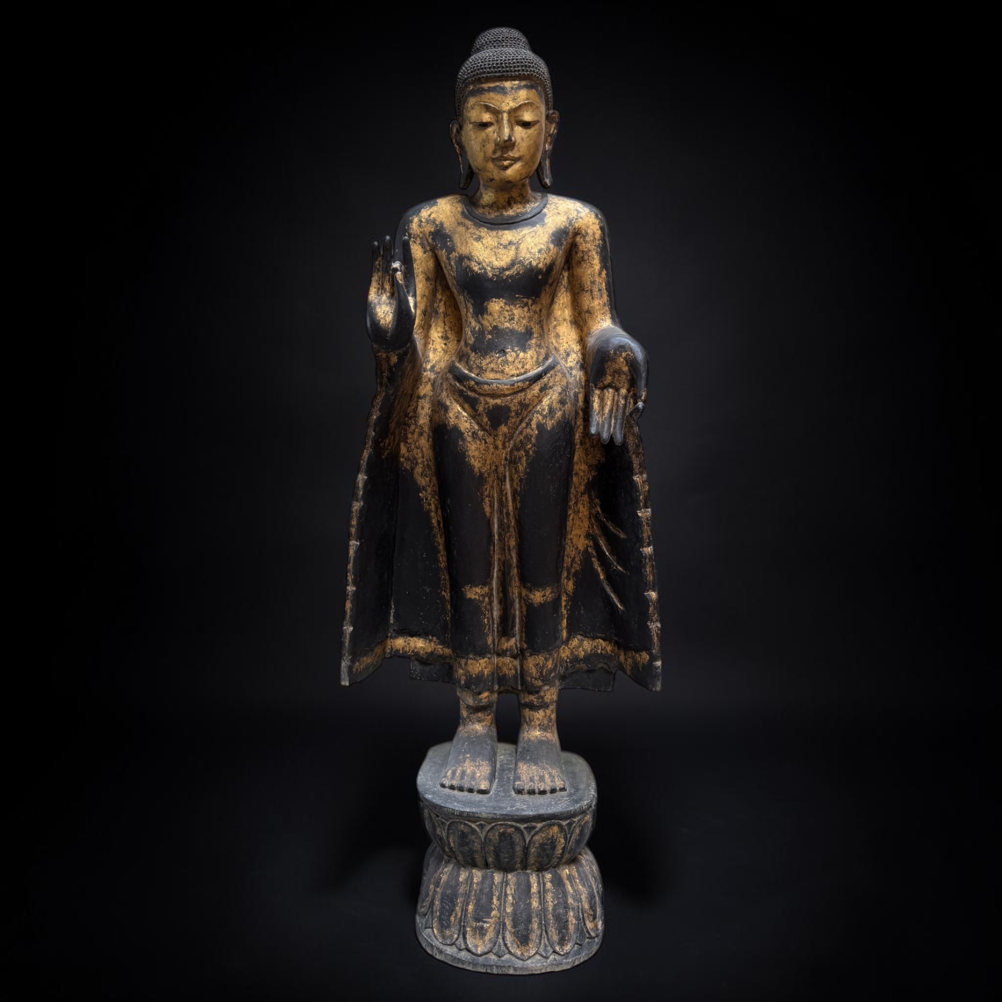 Buddha Figur stehend Teakholz Skulptur Burma Rakhine Asiatika 185cm