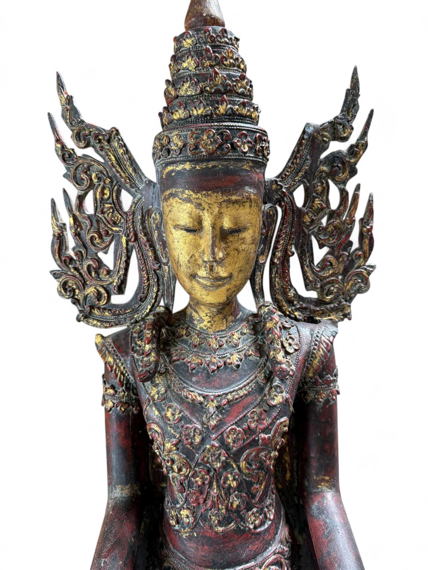 Königs-Buddha Statue Birma Teak Holz Skulptur Wunschgewährungs Geste
