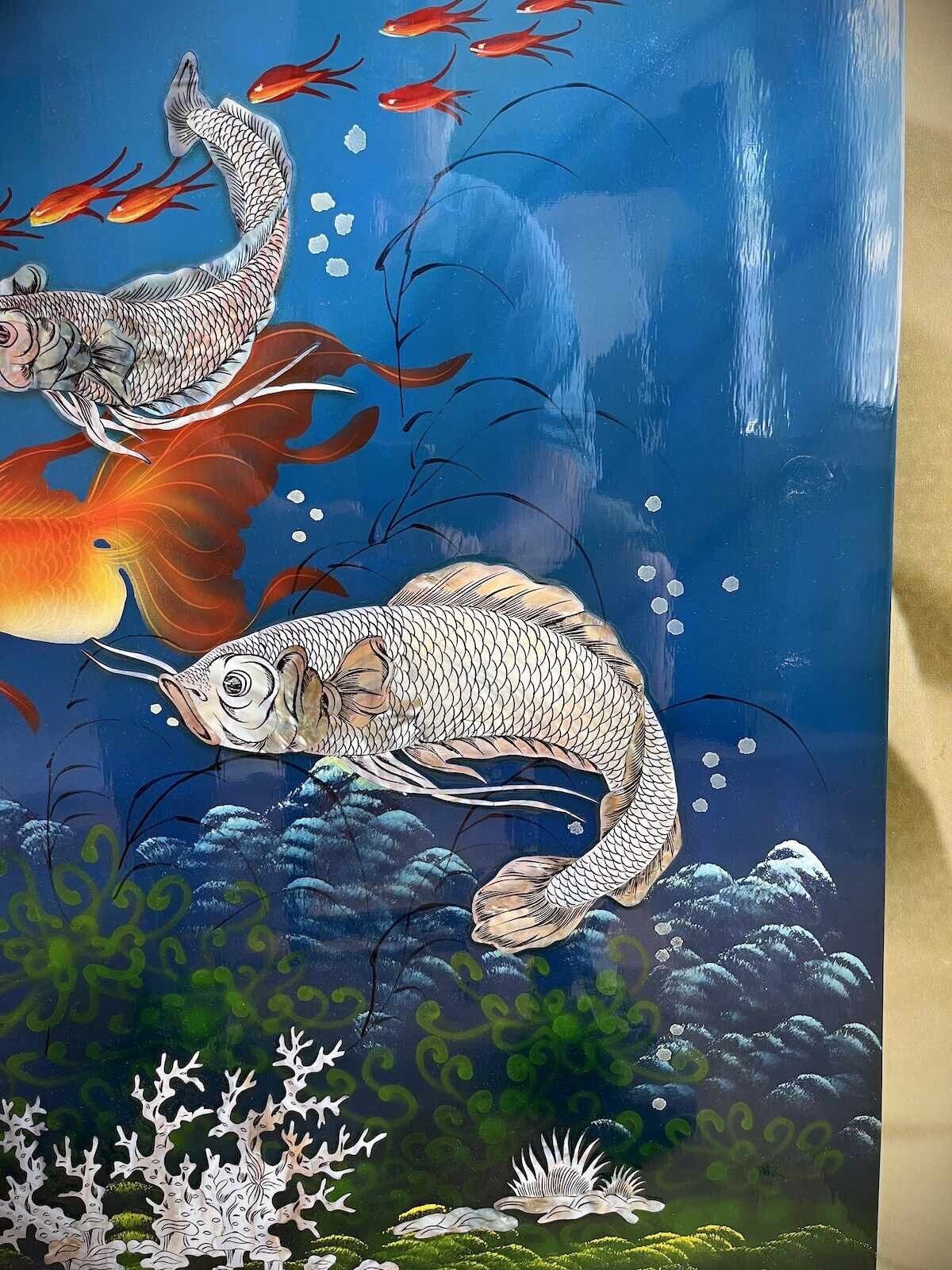 Asiatisches Wandbild Holz Lackbild Perlmutt mit Fische 100 cm Asiatisches Wandbild Holz Lackbild Perlmutt mit Fische 100 cm