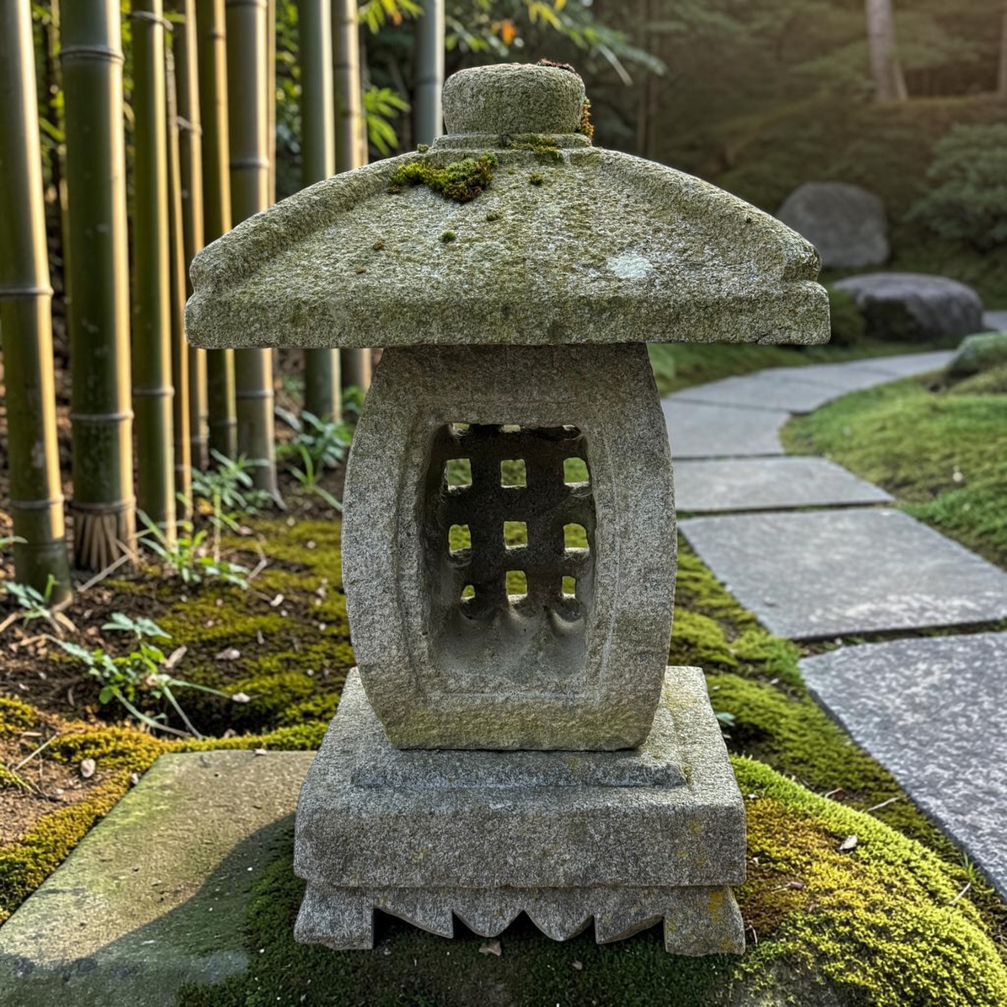 Alte Japanische Steinlaterne Granit 62cm - Ikekomi-Stil - Bemoost & Frostfest