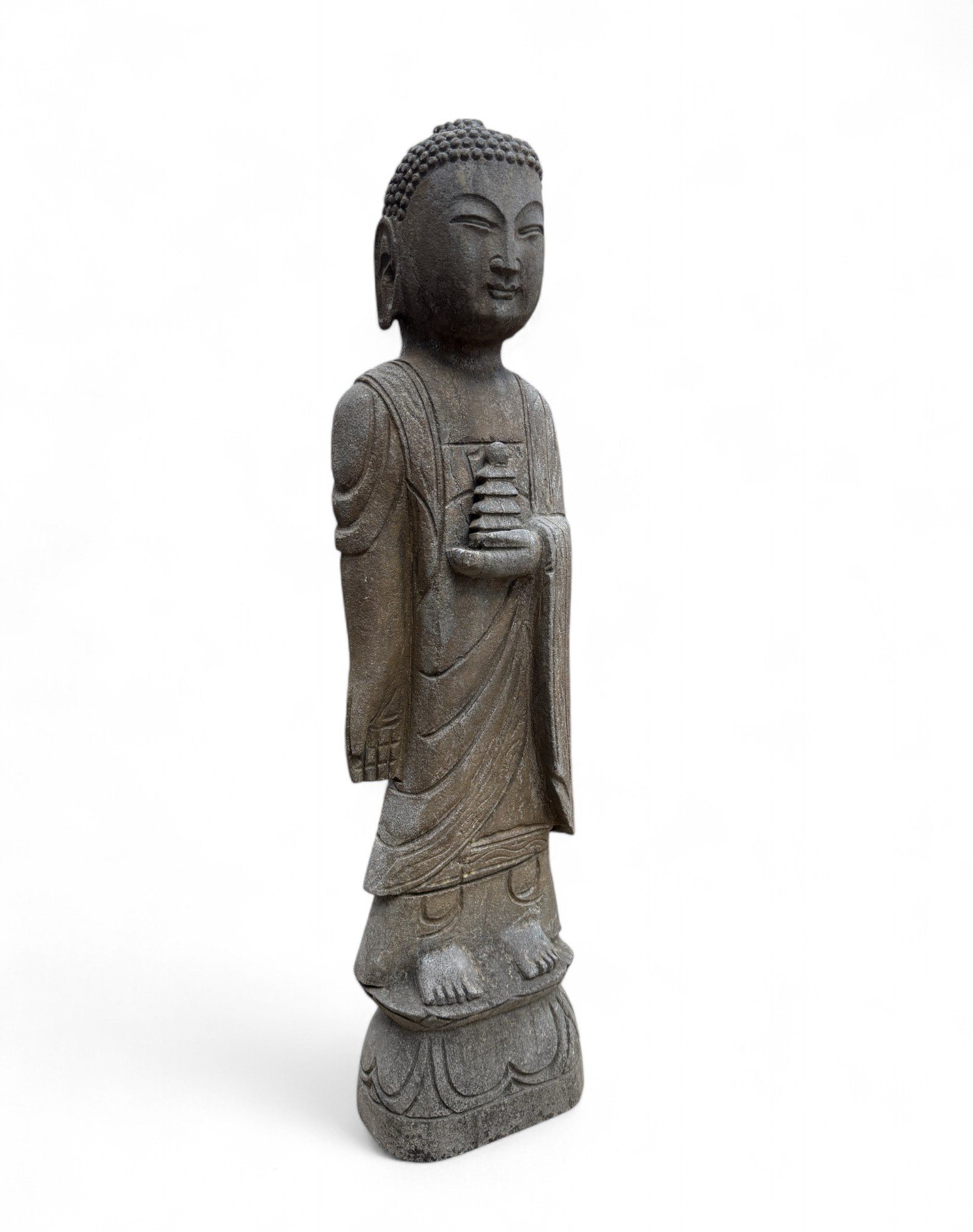 Naturstein Buddha mit Pagode – Stehende Statue, Tibet/China, 70 cm