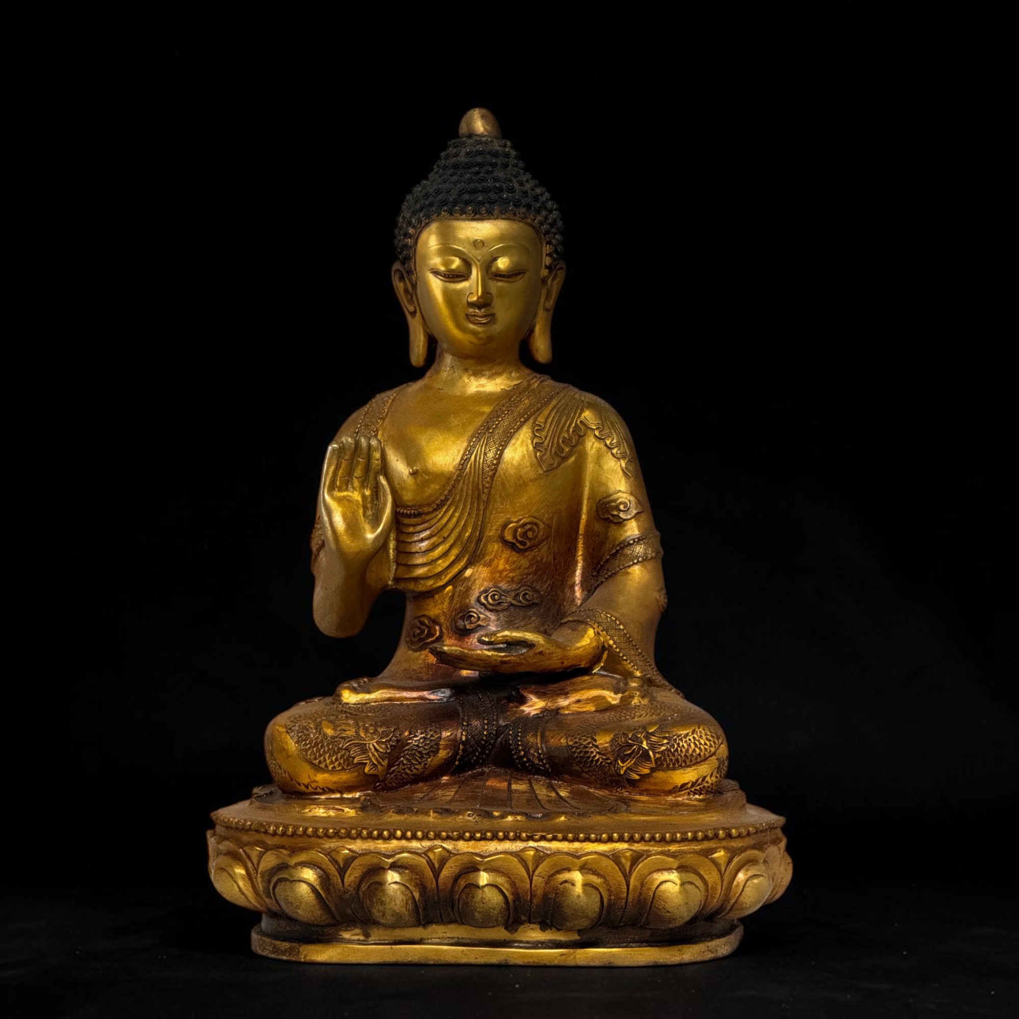 Bronze-Buddha 44 cm – Schutzgeste & Drachen – Sichuan China