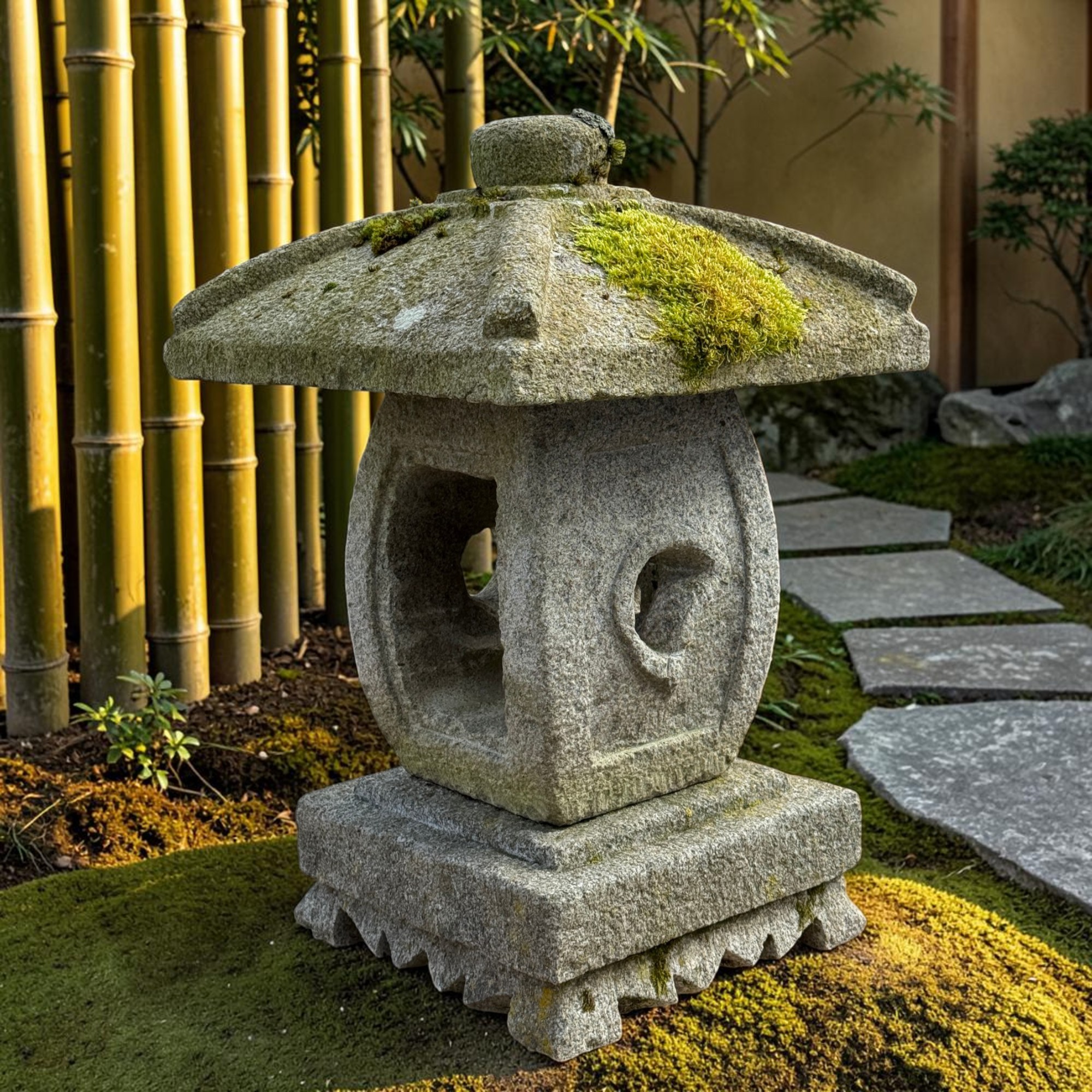 Alte Japanische Steinlaterne Granit 62cm - Ikekomi-Stil - Bemoost & Frostfest