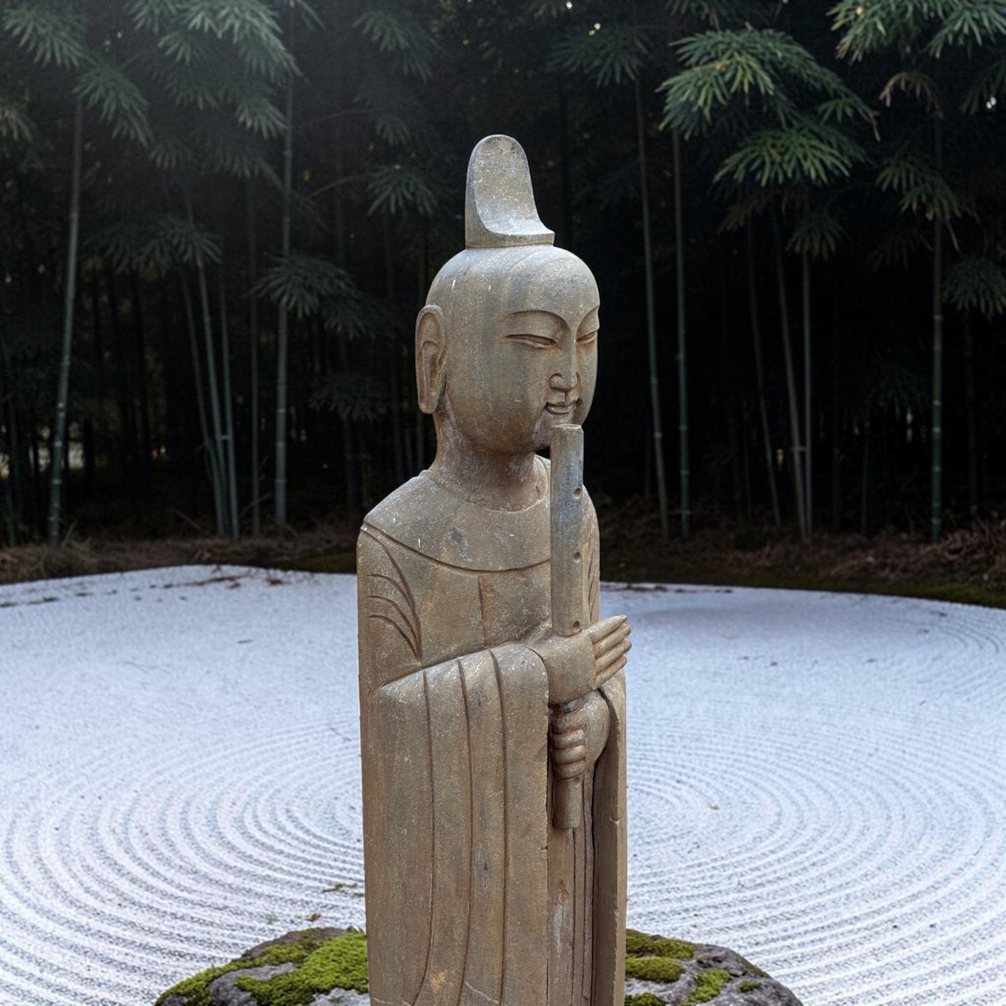 Chinesischer Gelehrter mit Bambusflöte Naturstein Garten Statue 121cm