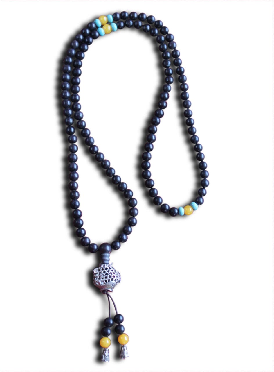 Buddhistische Halskette Mala, Ebenolz, mit Koi Fisch