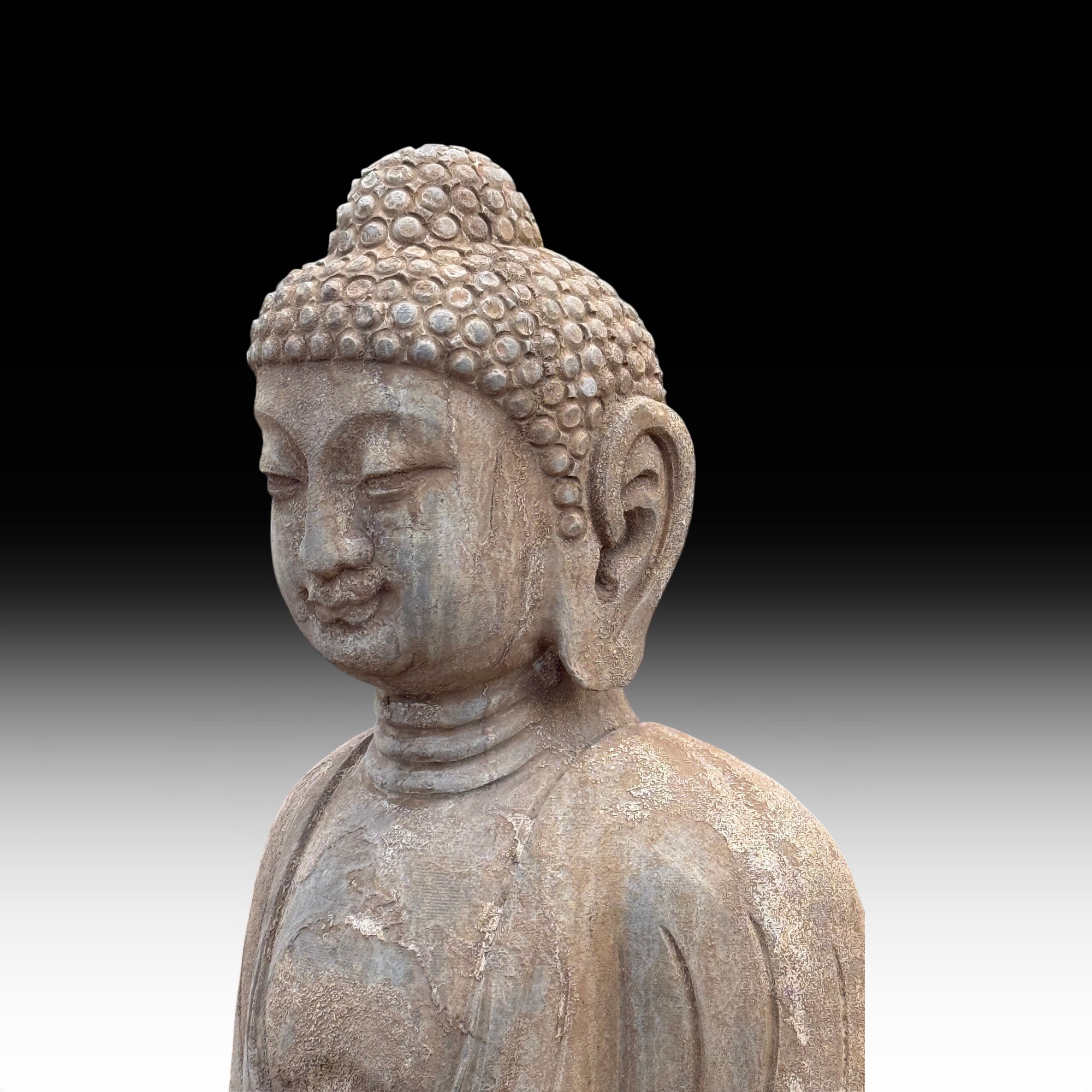 Amitabha Buddha Gartenfigur Naturstein (Bluestone), sitzend, frostfest, 79 cm