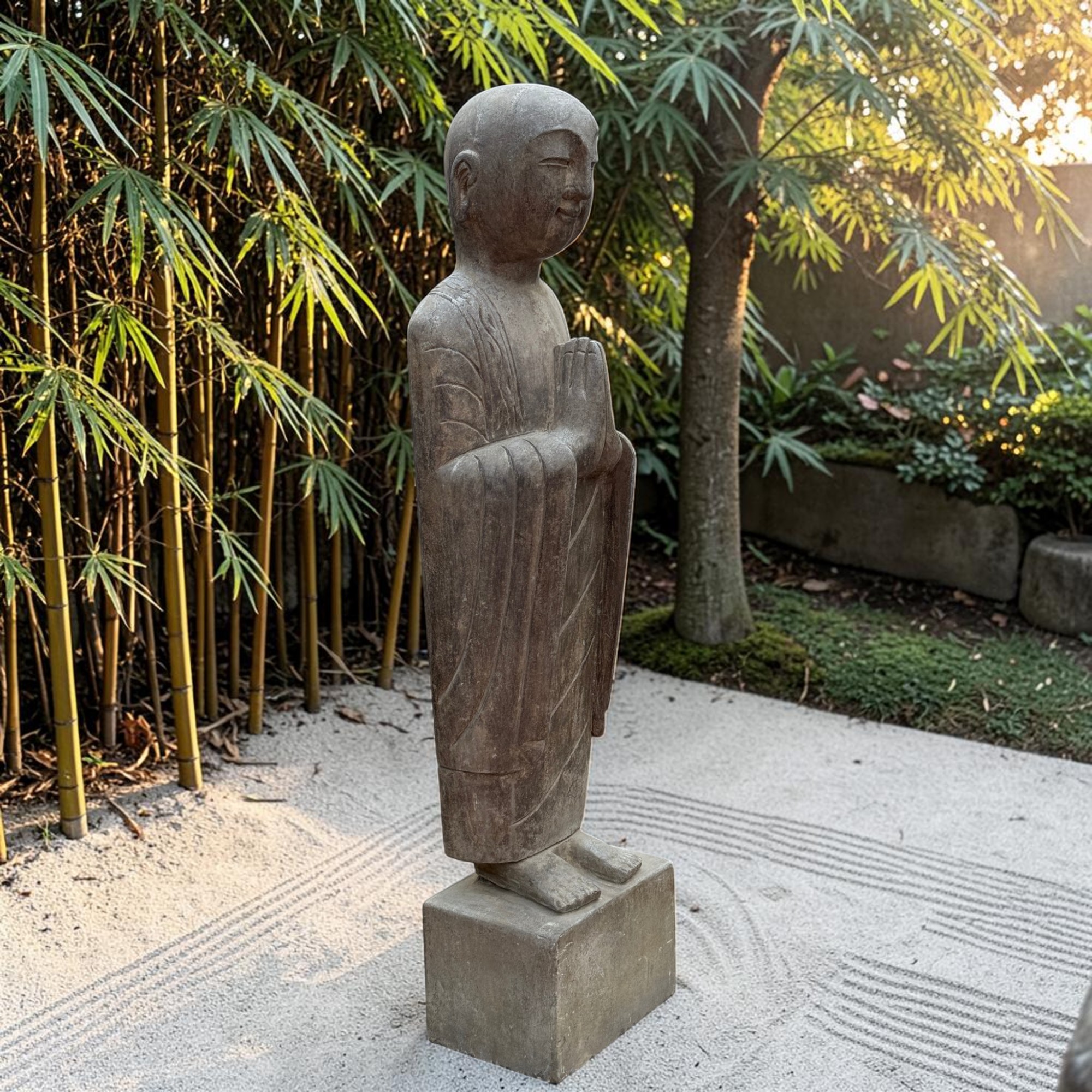 Zen Mönch Statue Naturstein 101cm | Handarbeit Tibet-Sichuan | Altes Unikat 70kg