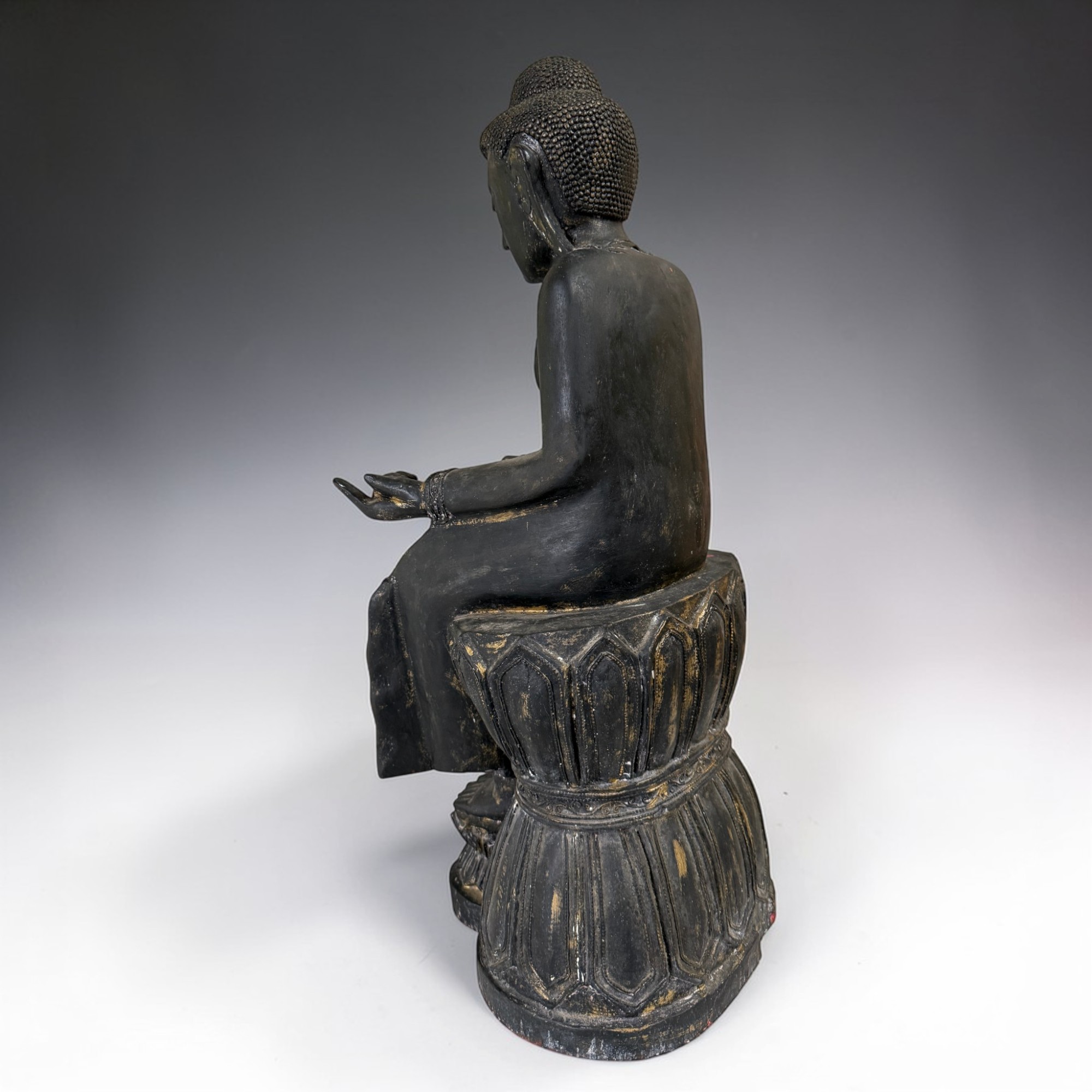 Maitreya Buddha Burma Teakholz 61cm Seltene Sitzhaltung Alte Figur Münchner Erbe