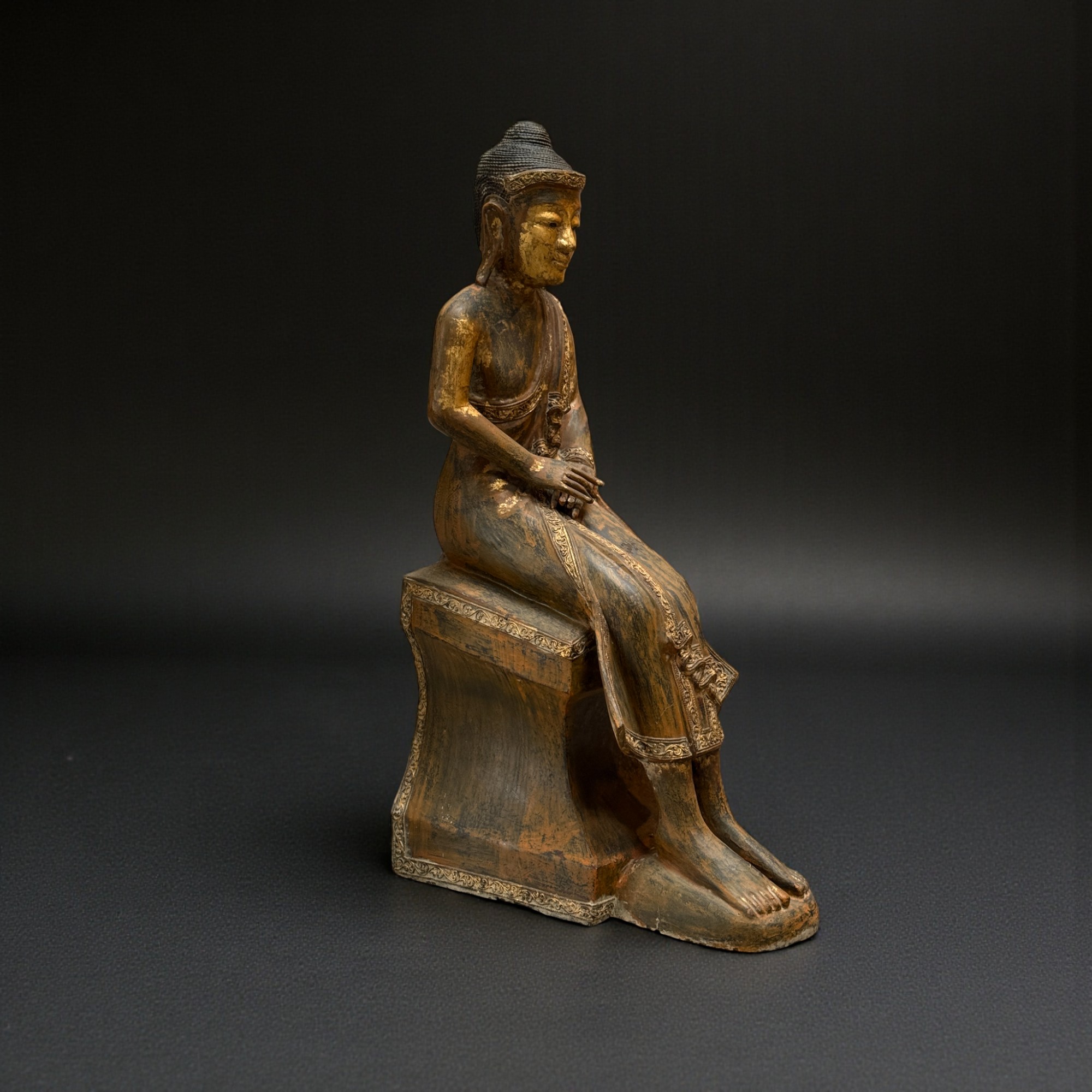 Alte Burma Buddha Skulptur Lacquerware teilvergoldet 100 cm