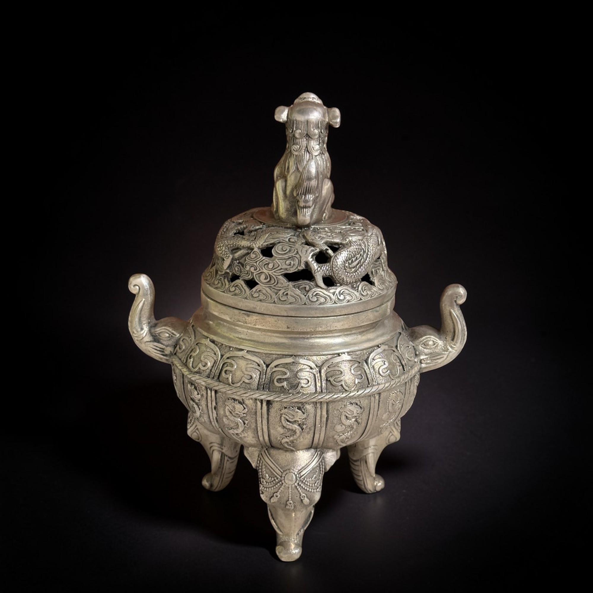 Bronze Räuchergefäß China – Mit Elefanten, Drachen & Tempellöwe (22cm)