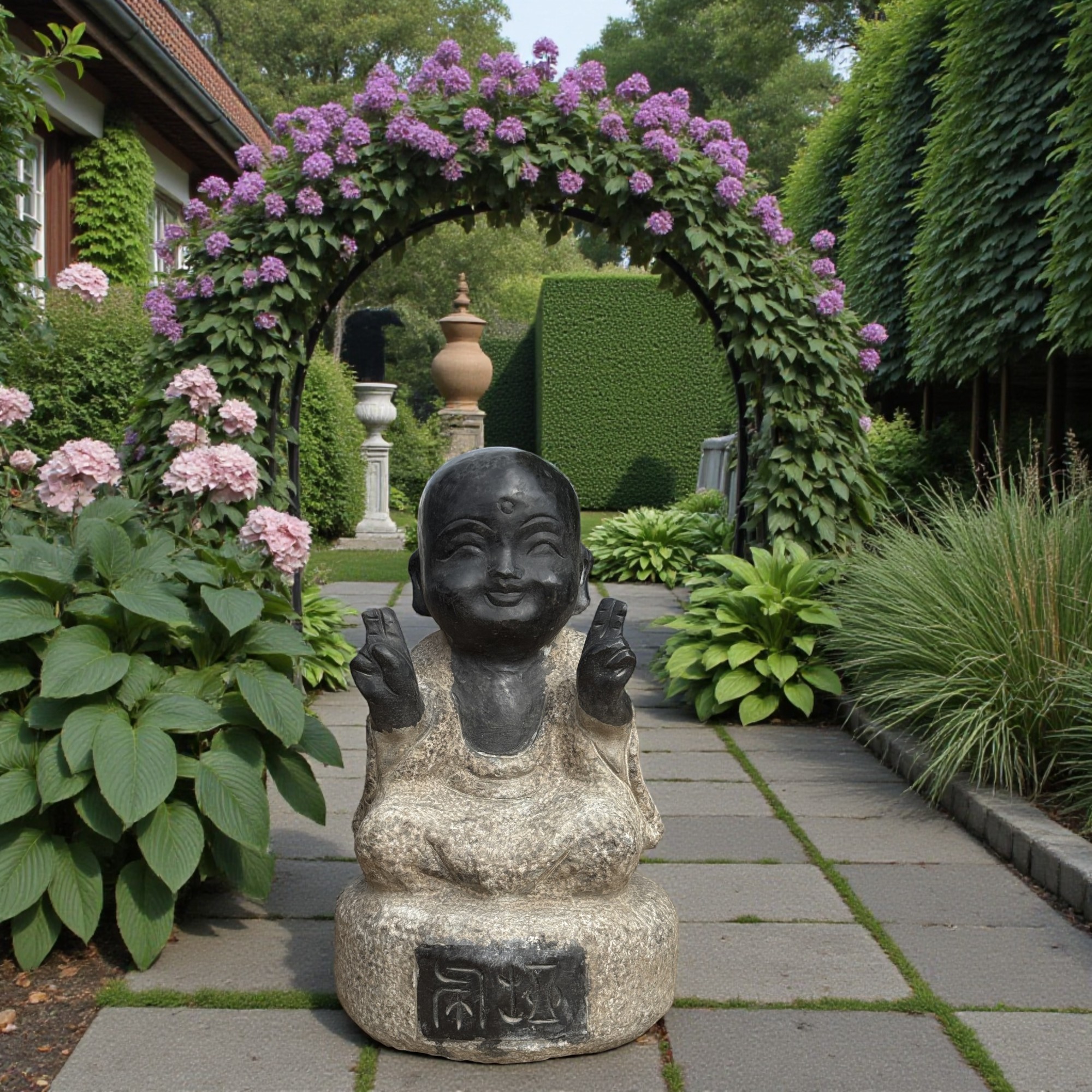 Zen Mönch Gartenfigur aus Naturstein Prana Mudra frostfest & witterungsbeständig
