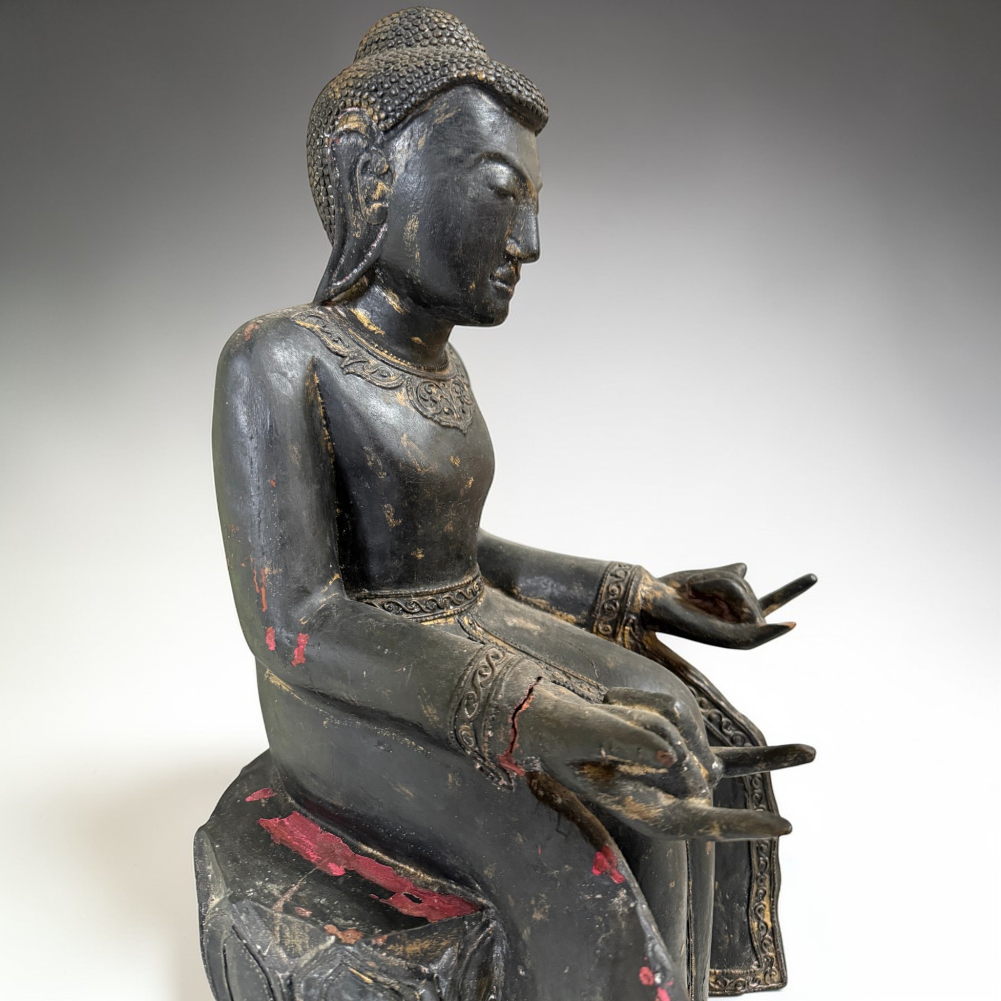 Maitreya Buddha Burma Teakholz 61cm Seltene Sitzhaltung Alte Figur Münchner Erbe