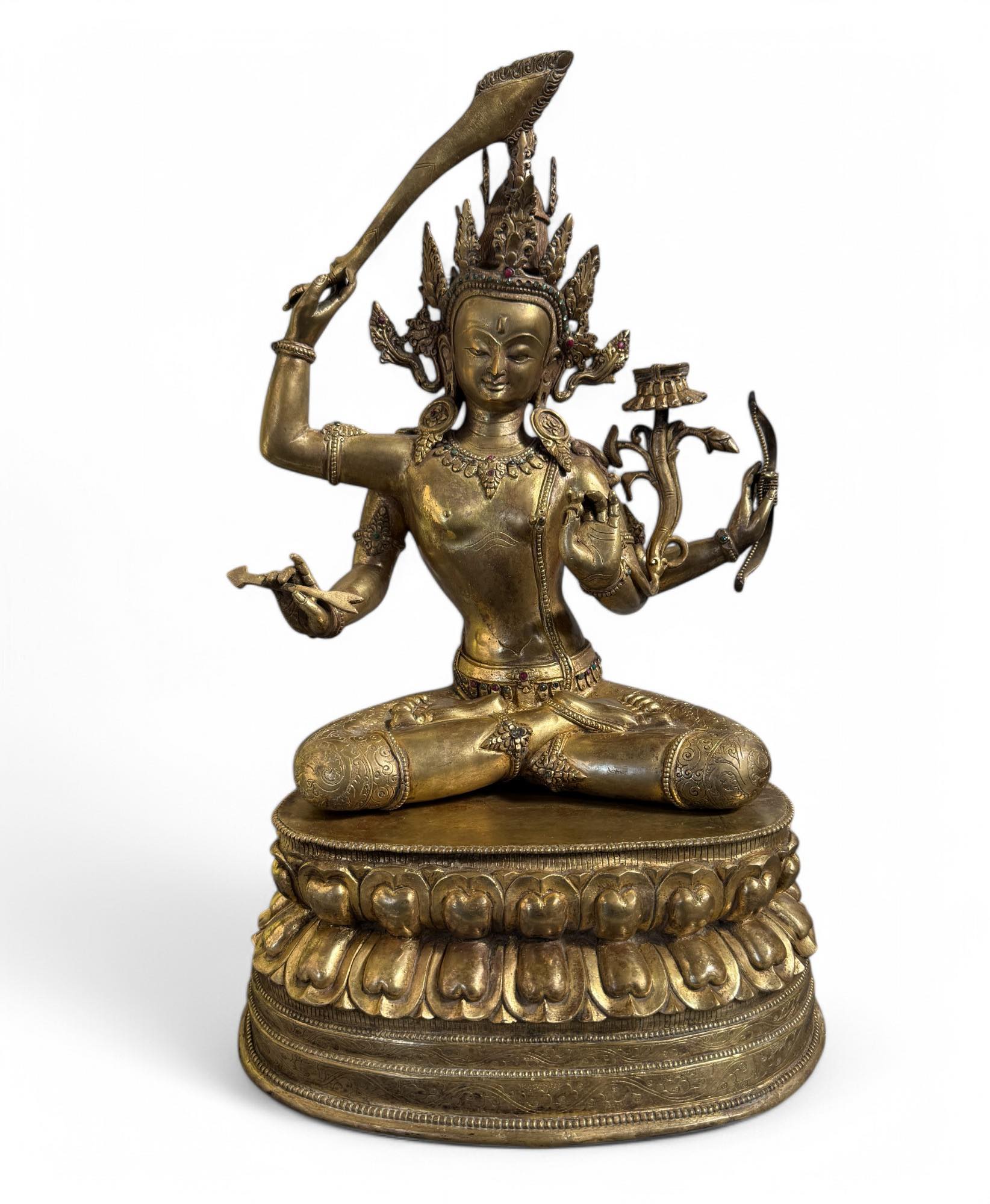 Vergoldete Manjsuhri Statue Bodhisattva mit Rubin & Türkis Vergoldete Manjsuhri Statue Bodhisattva mit Rubin & Türkis