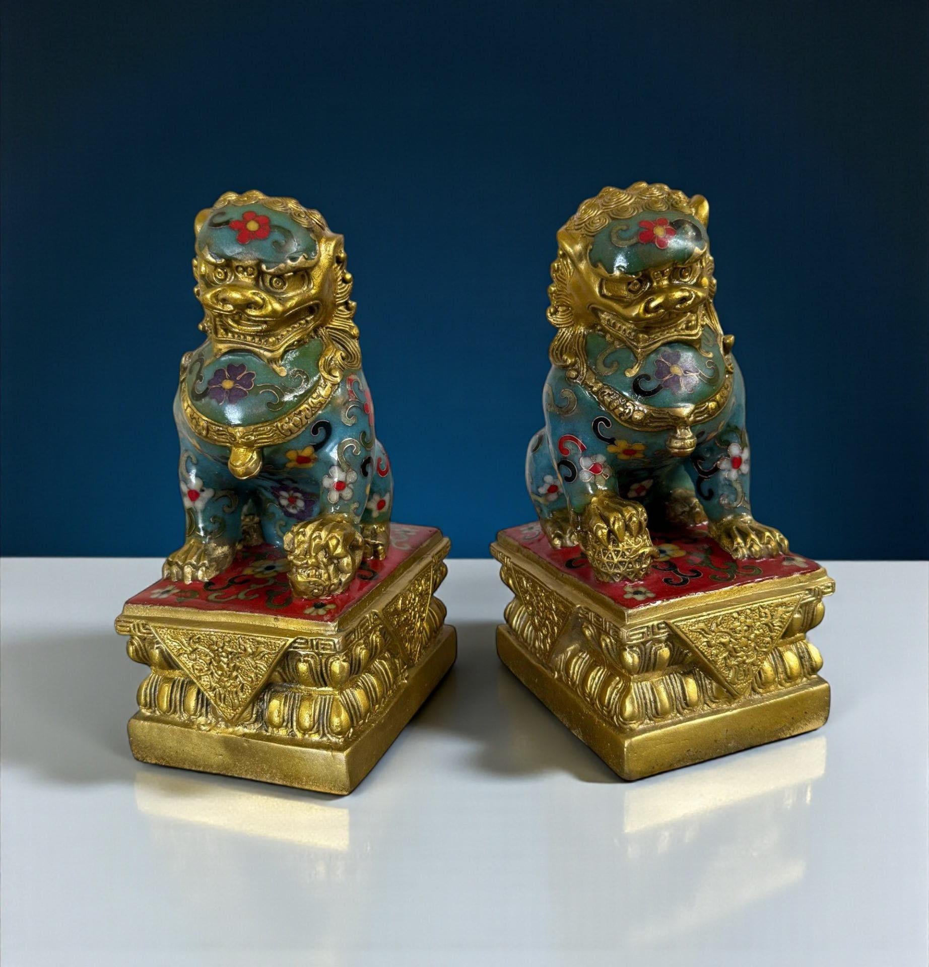 Chinesische Wächterlöwen Bronze Skulpturen Cloisonne Figuren Chinesische Wächterlöwen Bronze Skulpturen Cloisonne Figuren