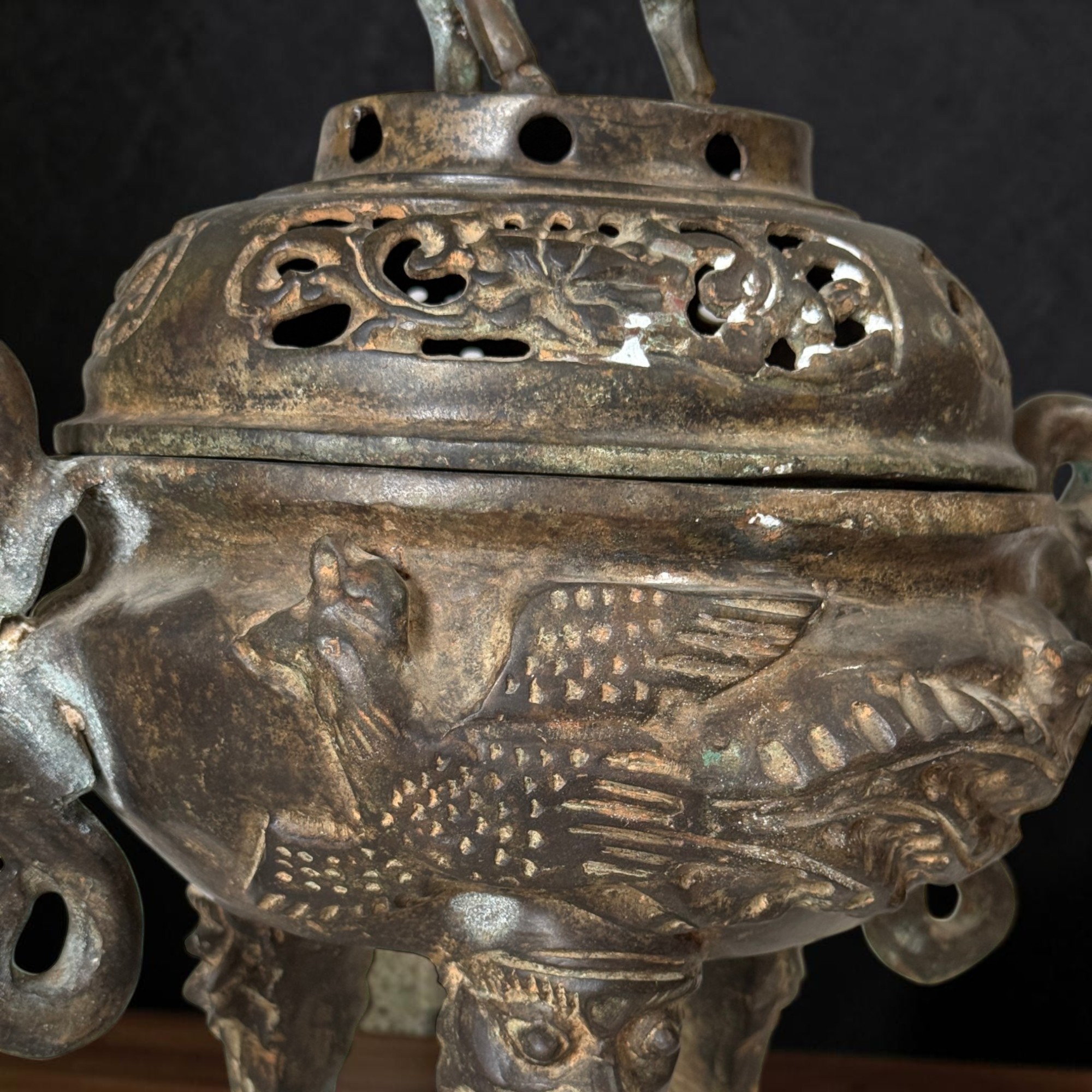 Altes chinesisches Räuchergefäß Bronze Eisen Drachen & Phönix
