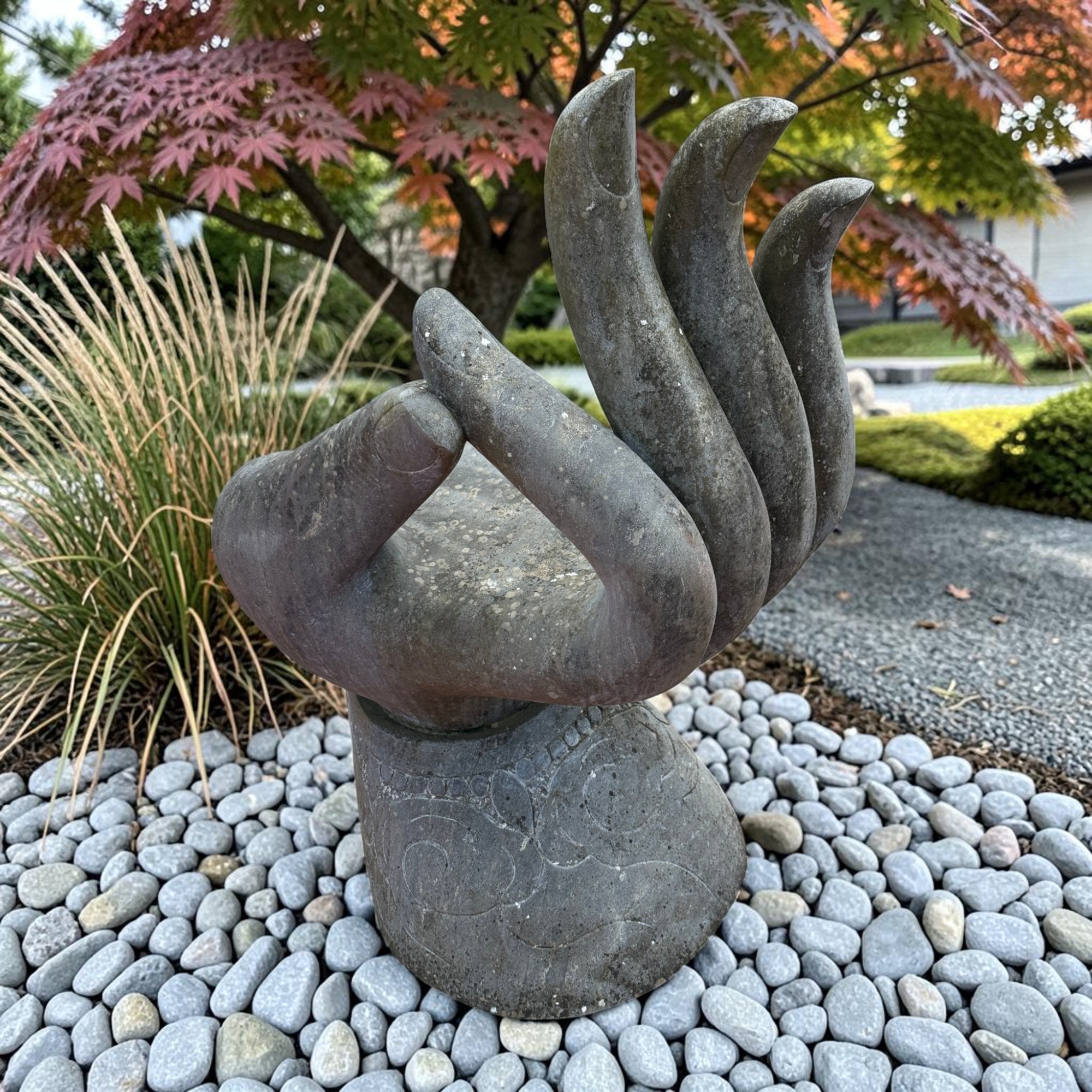 Buddha Hand mit Teaching Mudra aus Naturstein – Einzigartige Garten Sitzgelegenheit