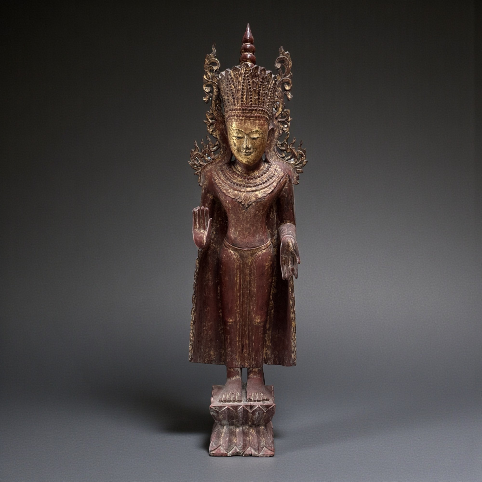 Königs-Buddha Statue Birma Teak Holz Skulptur Schutzgeste