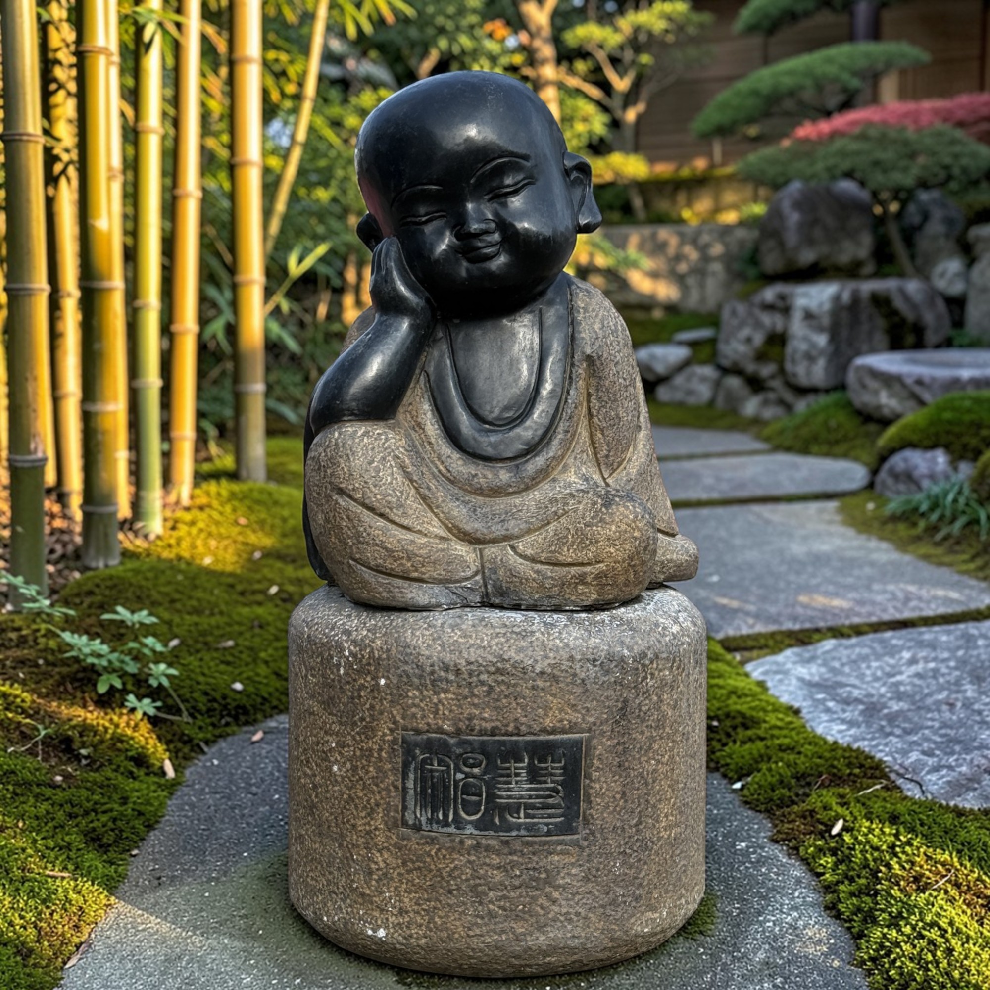 Zen Mönch Skulptur aus Naturstein – Sitzende Gartenfigur (62 cm, 70 kg)
