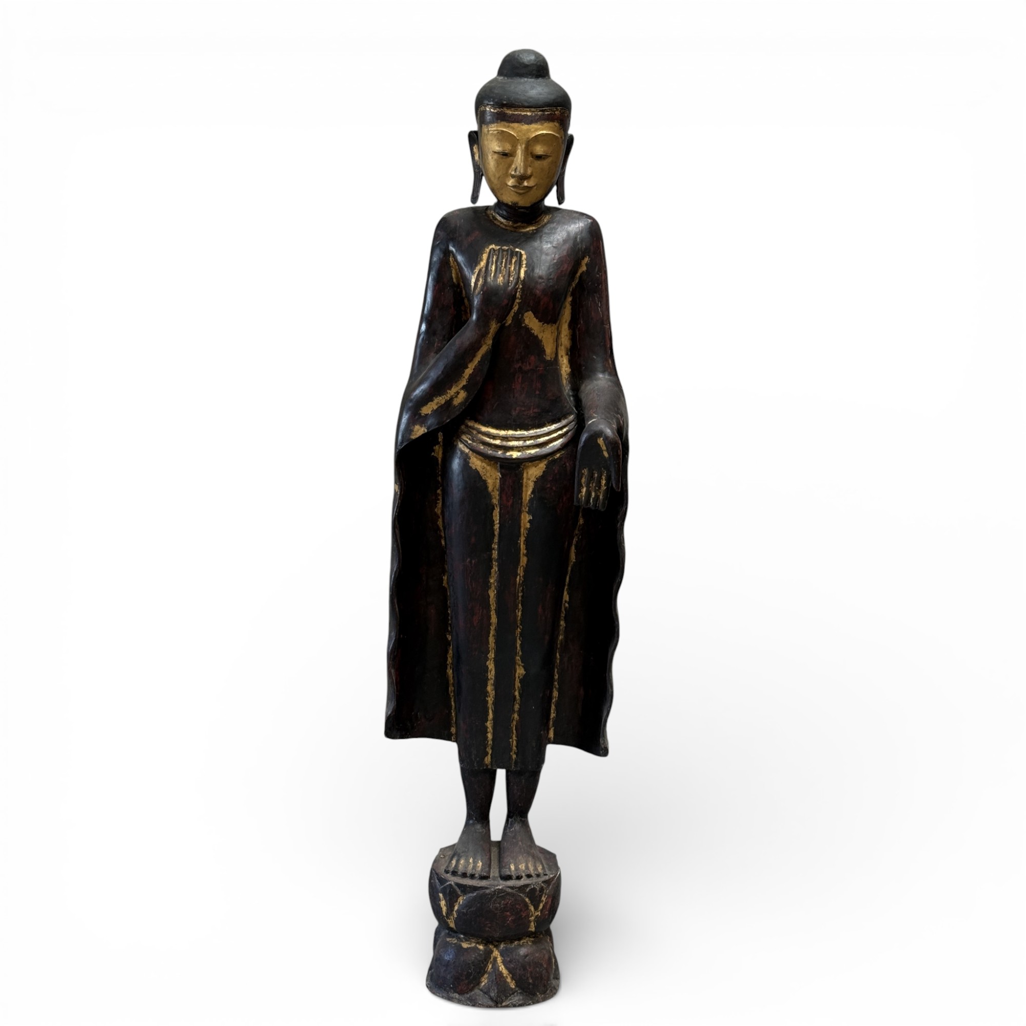 Birmanische Buddha Statue Teak Holz Skulptur Wunschgewährung