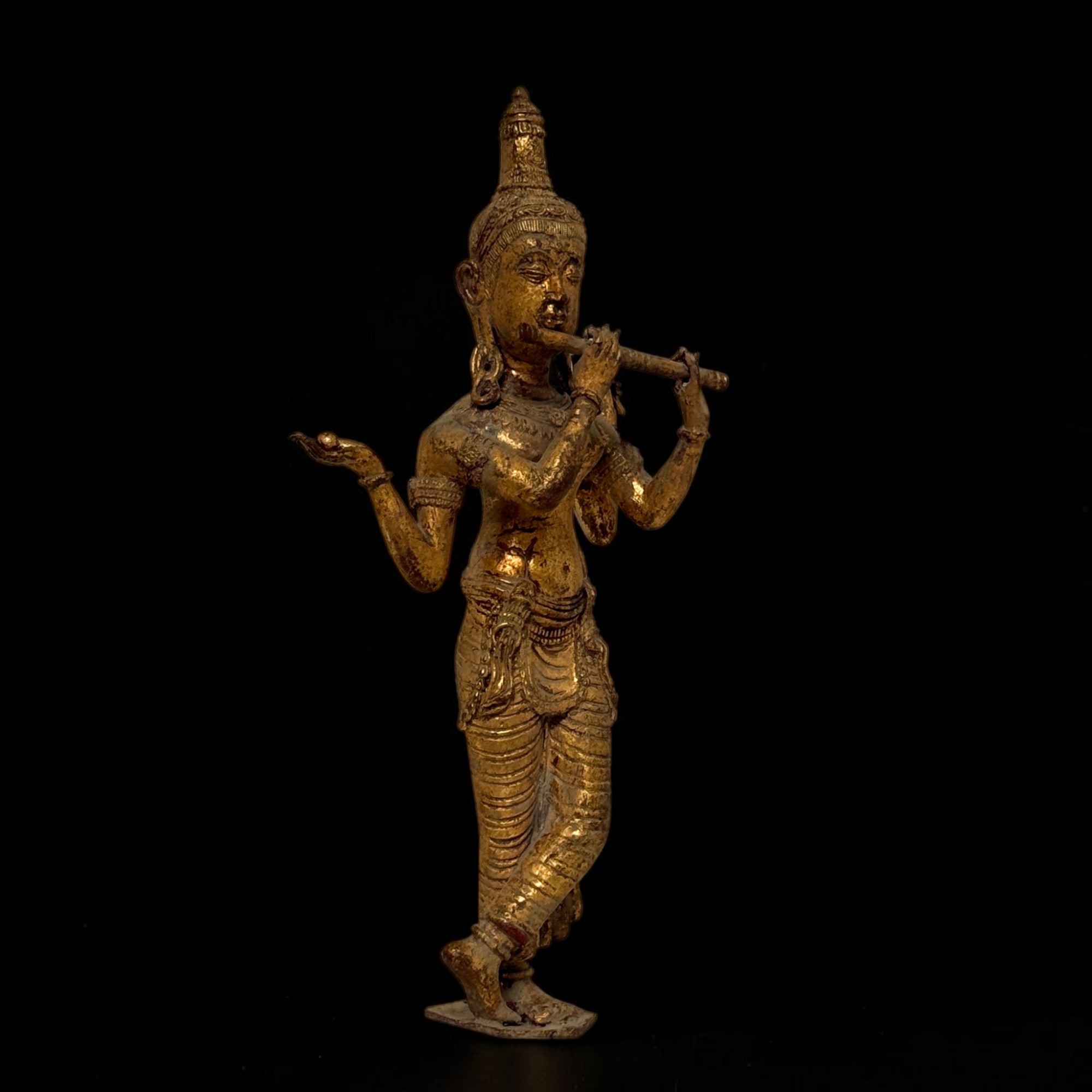 Krishna Figur Bronze Thailand, Flötenspieler Statue 31 cm, Restvergoldung