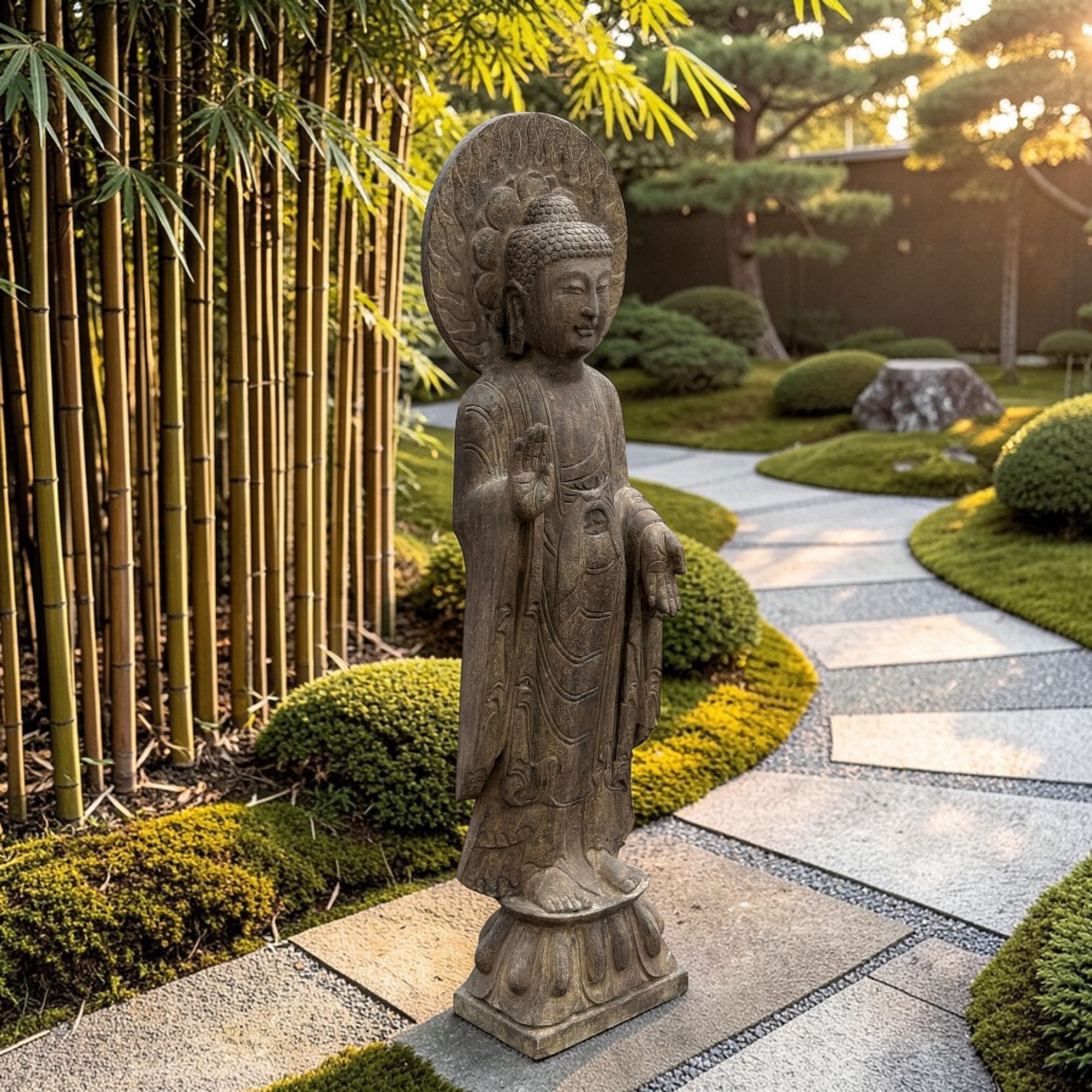 Garten Buddha Statue Naturstein Skulptur mit Aureole