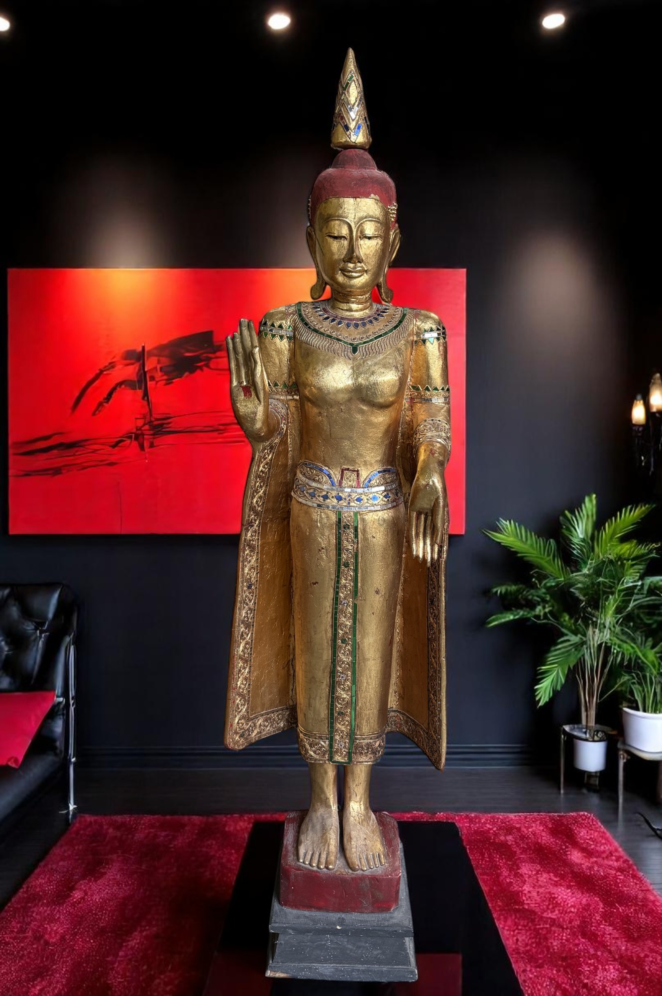 Alte Buddha Statue Thailand Holz Figur blattvergoldet 182 cm