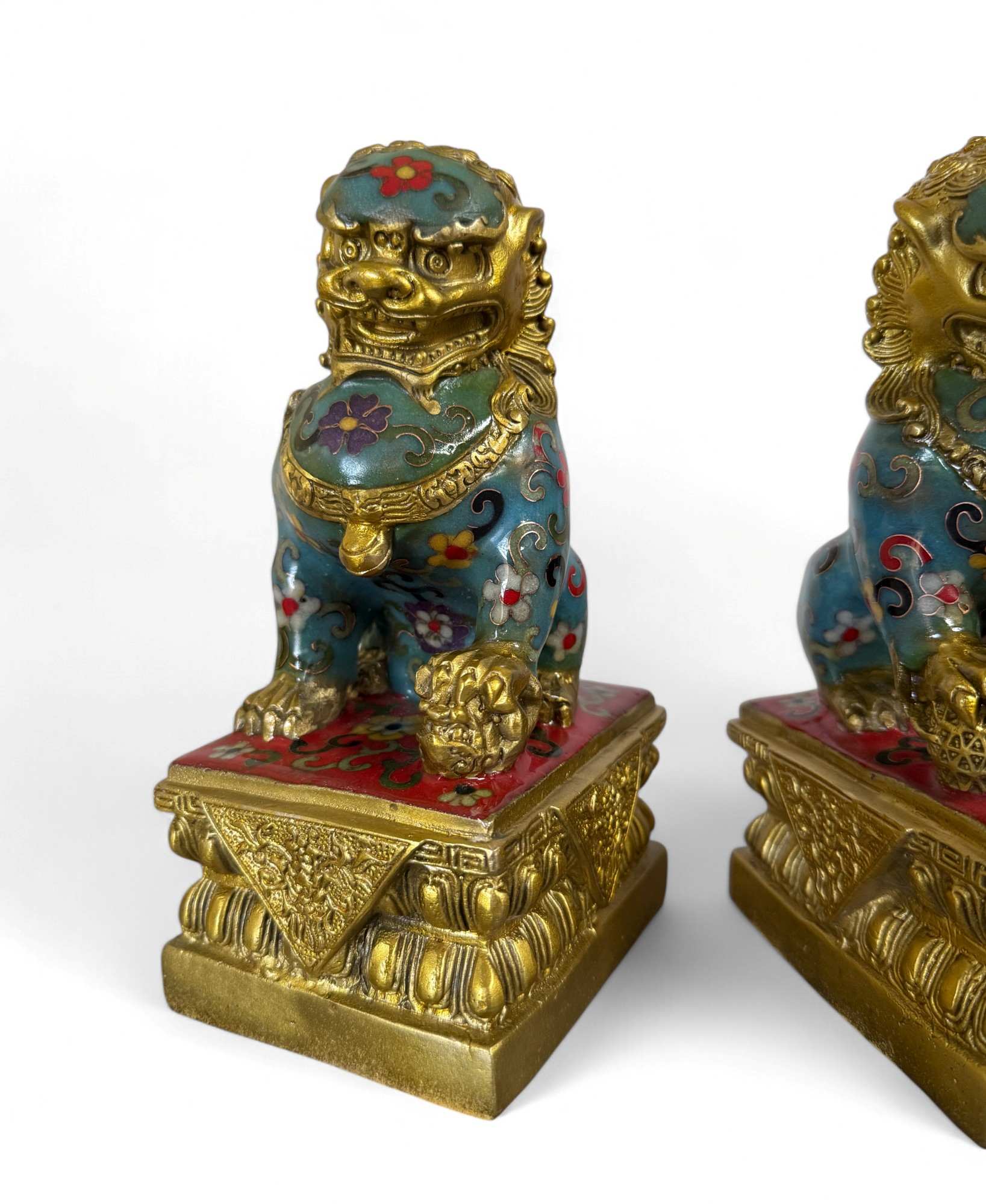 Chinesische Wächterlöwen Bronze Skulpturen Cloisonne Figuren
