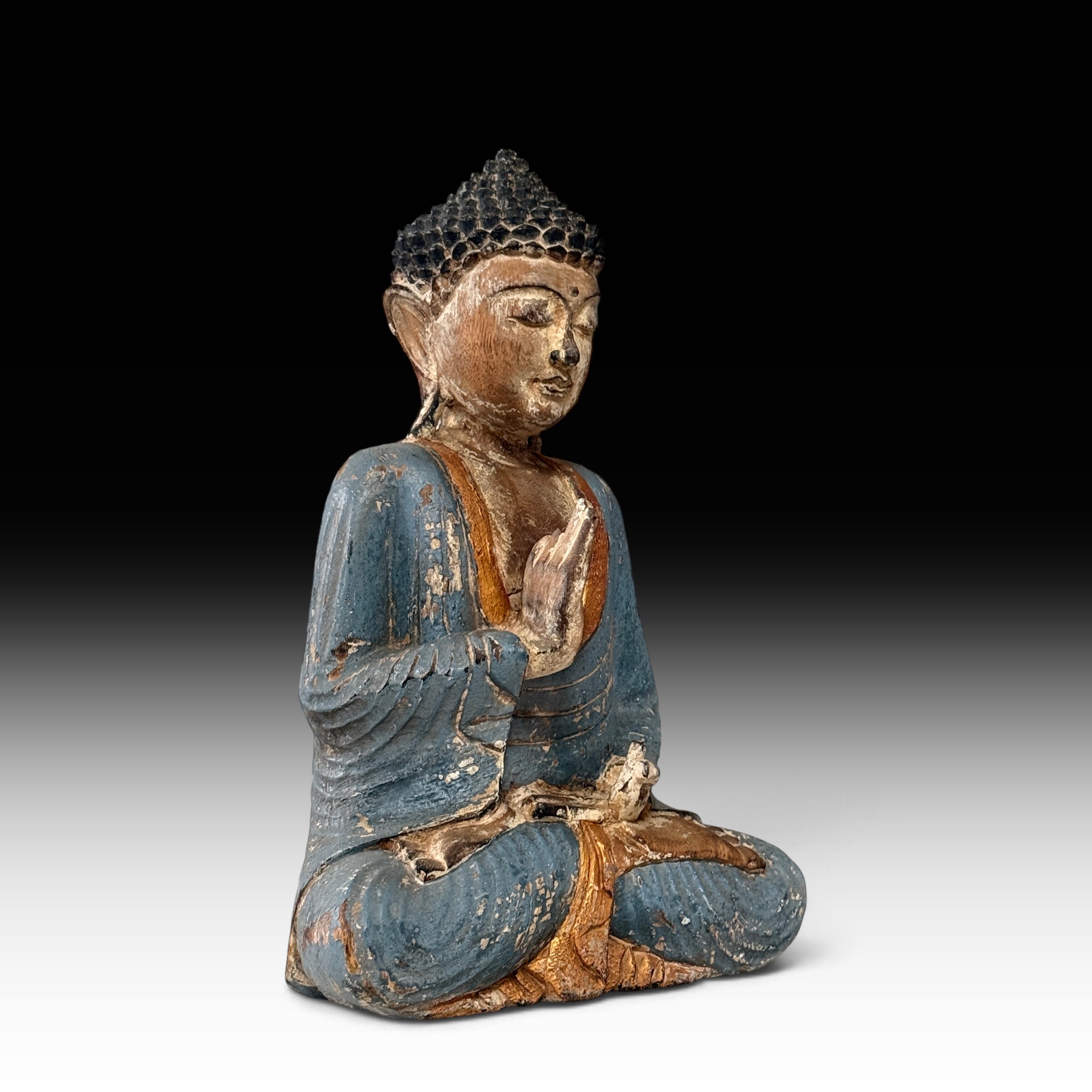 Vintage Buddha Statue Suarholz blau gold – Vitarka Mudra Holzfigur, 44 cm