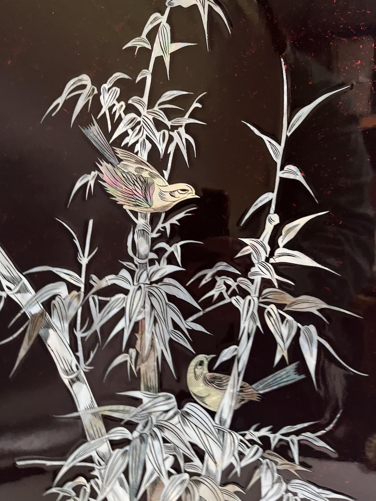 Asiatisches Wandbild Holz Lackbild Perlmutt mit Vögel