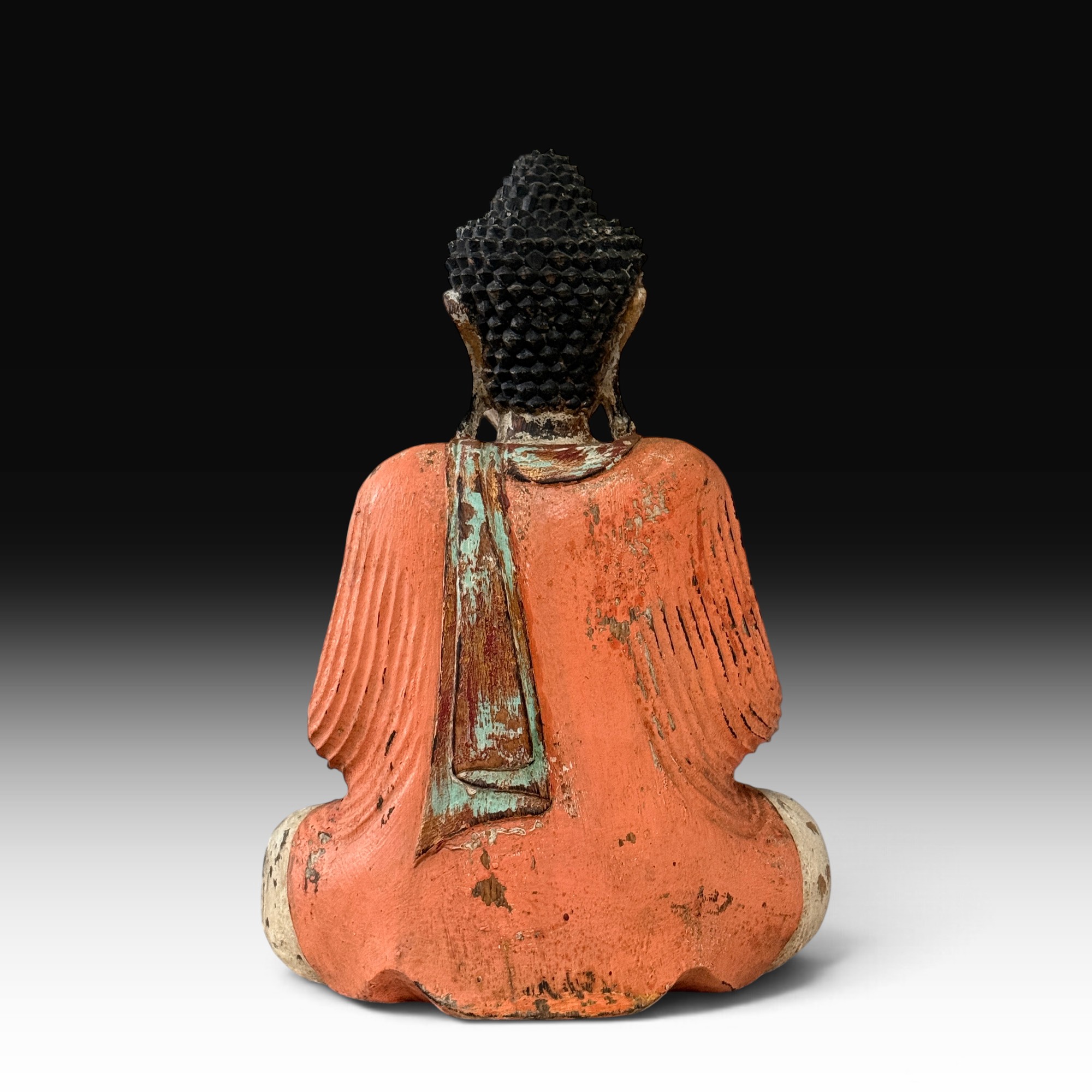 Vintage Buddha Figur aus Suarholz, bemalt, Vitarka Mudra, 50 cm – Indonesien