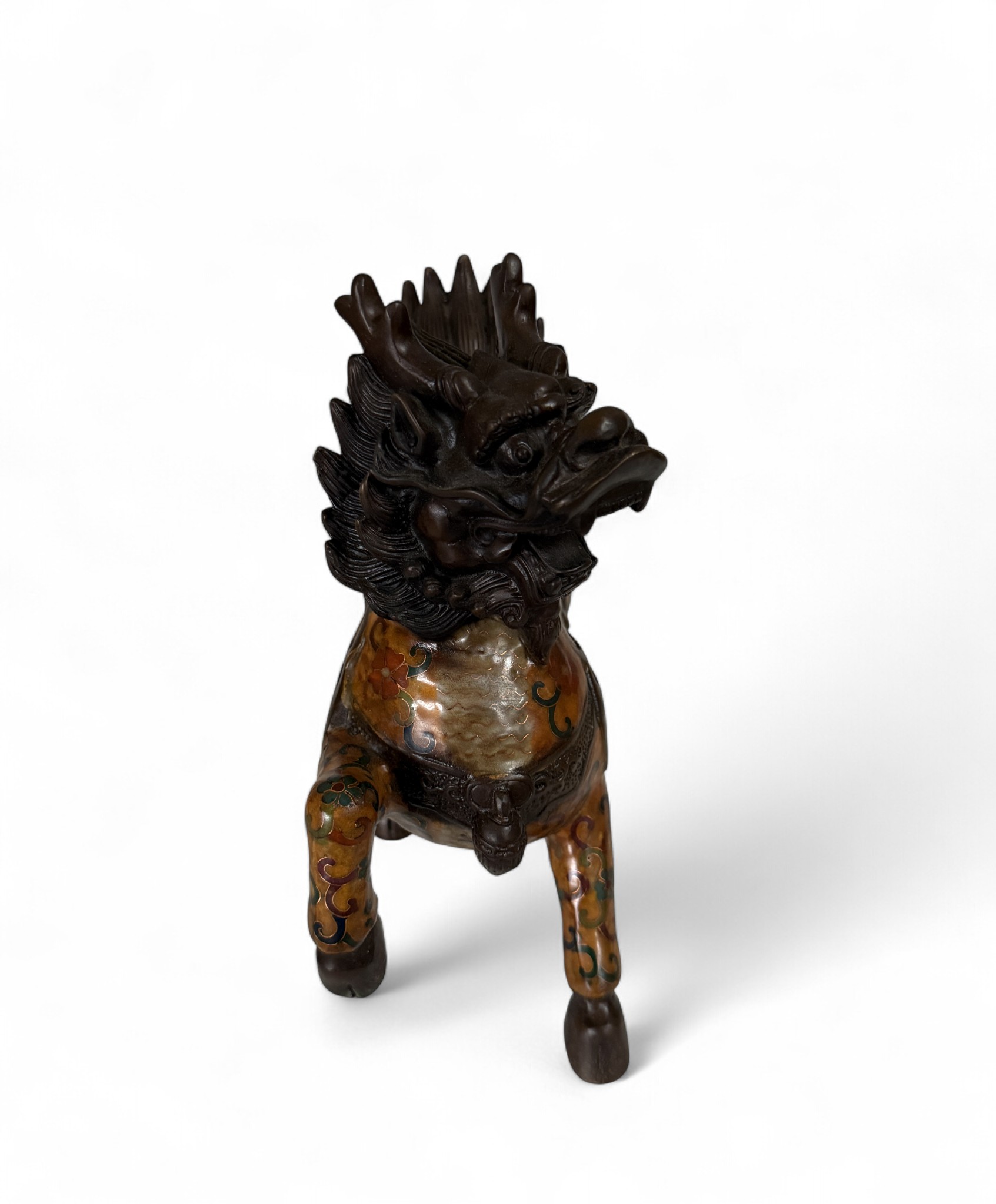 Qilin Cloisonné Bronze Figur – Glücksdrache & Wächterlöwe – Antikmarkt China/Tibet (Sichuan) – 24,5 cm