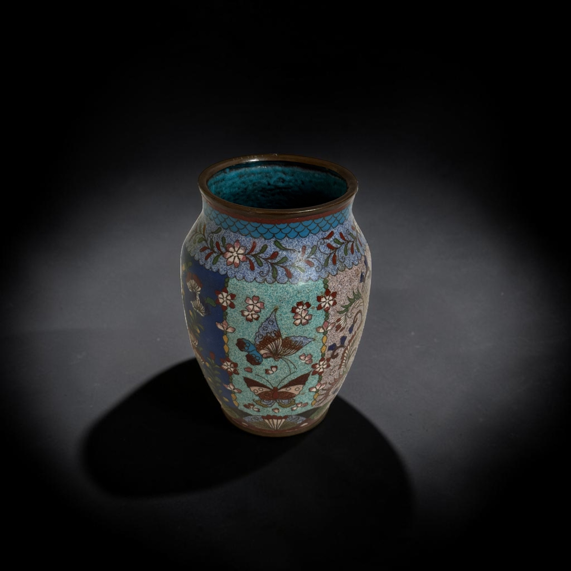 Cloisonné Vase Emaille Messing Bronze China 60er Jahre alt 19cm