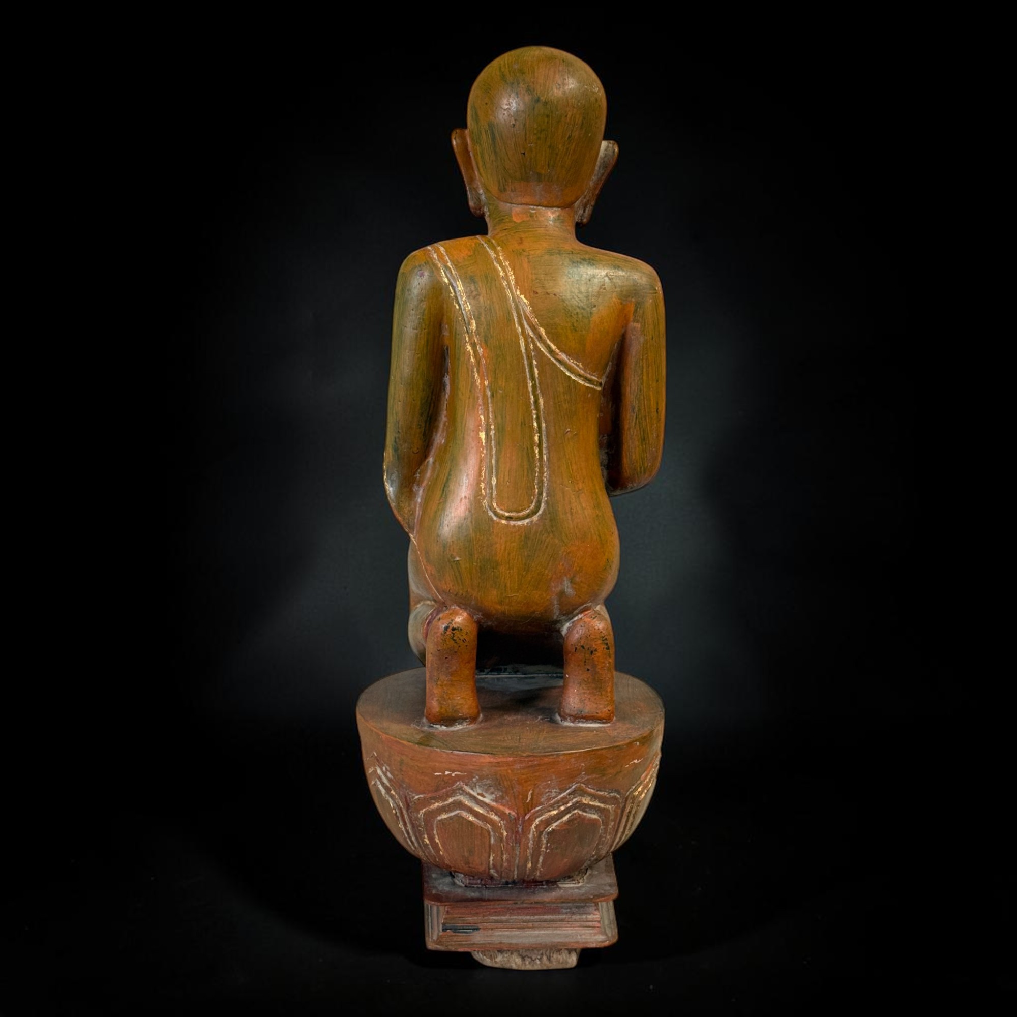 Mönch-Skulptur Sariputta Burma – Alt – Lacquerware &Restvergoldung – 72 cm groß