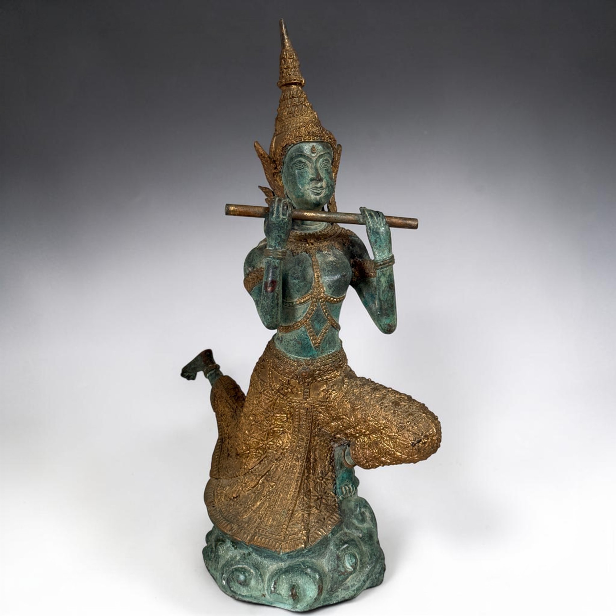 Thailändischer Prinz Bronze Figur mit Flöte | 40,5cm Phra Aphai Mani | Alt Unikat