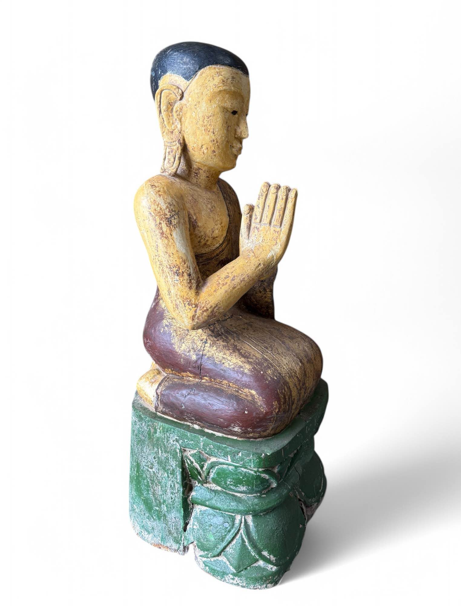 Moggallana-Mönch-Skulptur aus Holz, Burma 90 cm groß