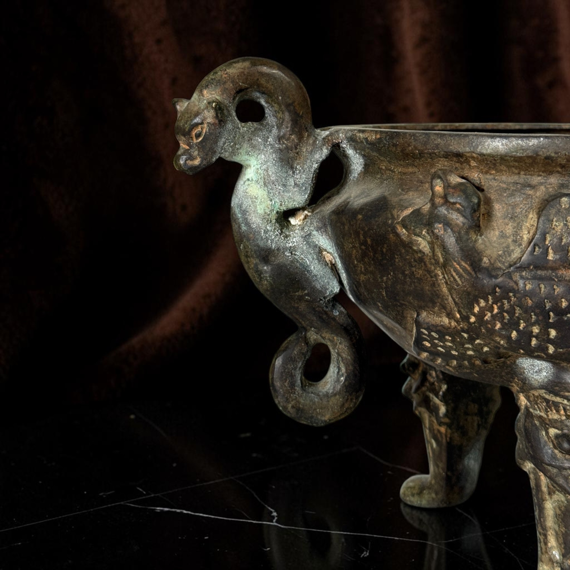 Altes chinesisches Räuchergefäß Bronze Eisen Drachen & Phönix